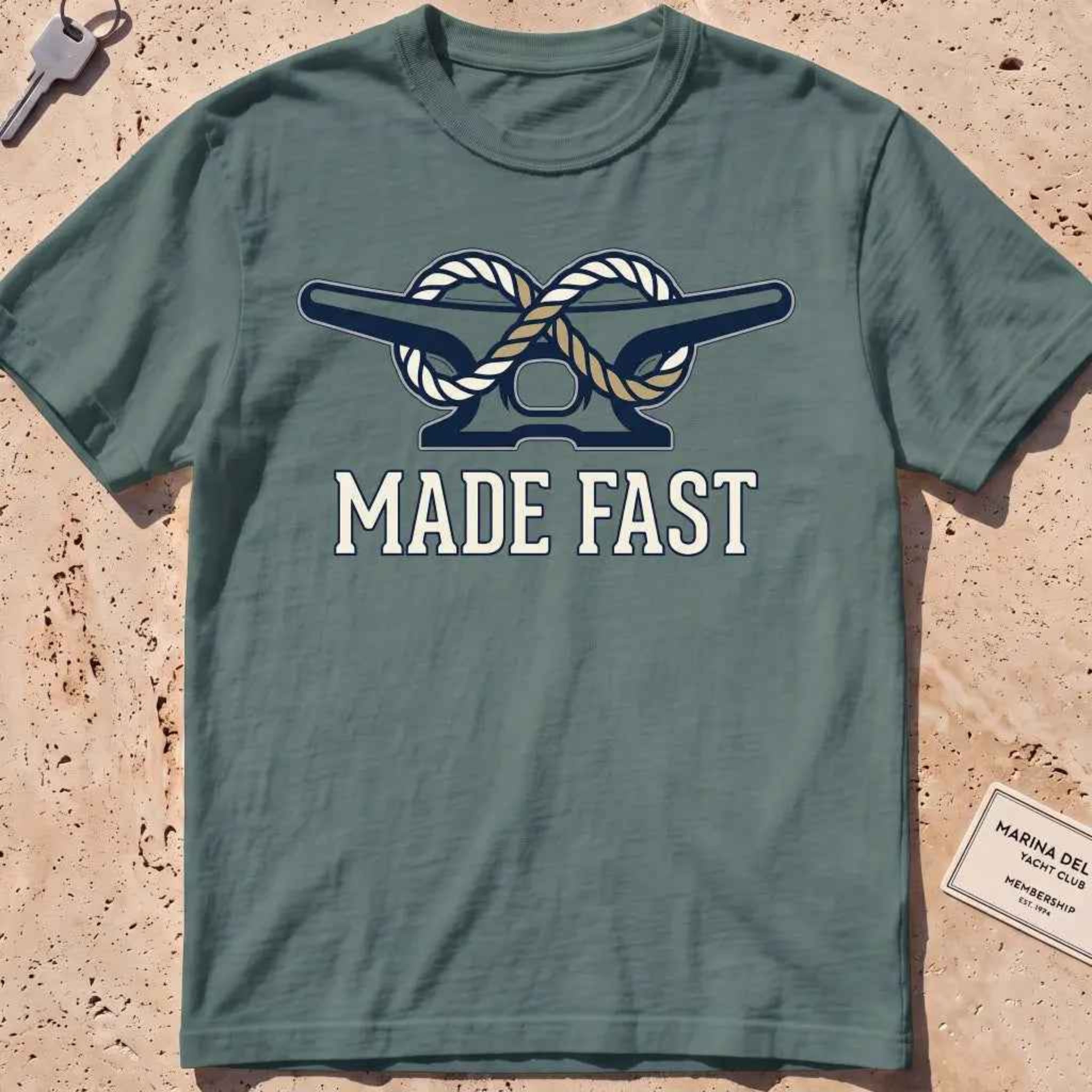 blue spruce heavyweight tee with a dock cleat and rope made fast, "Made Fast" graphic.