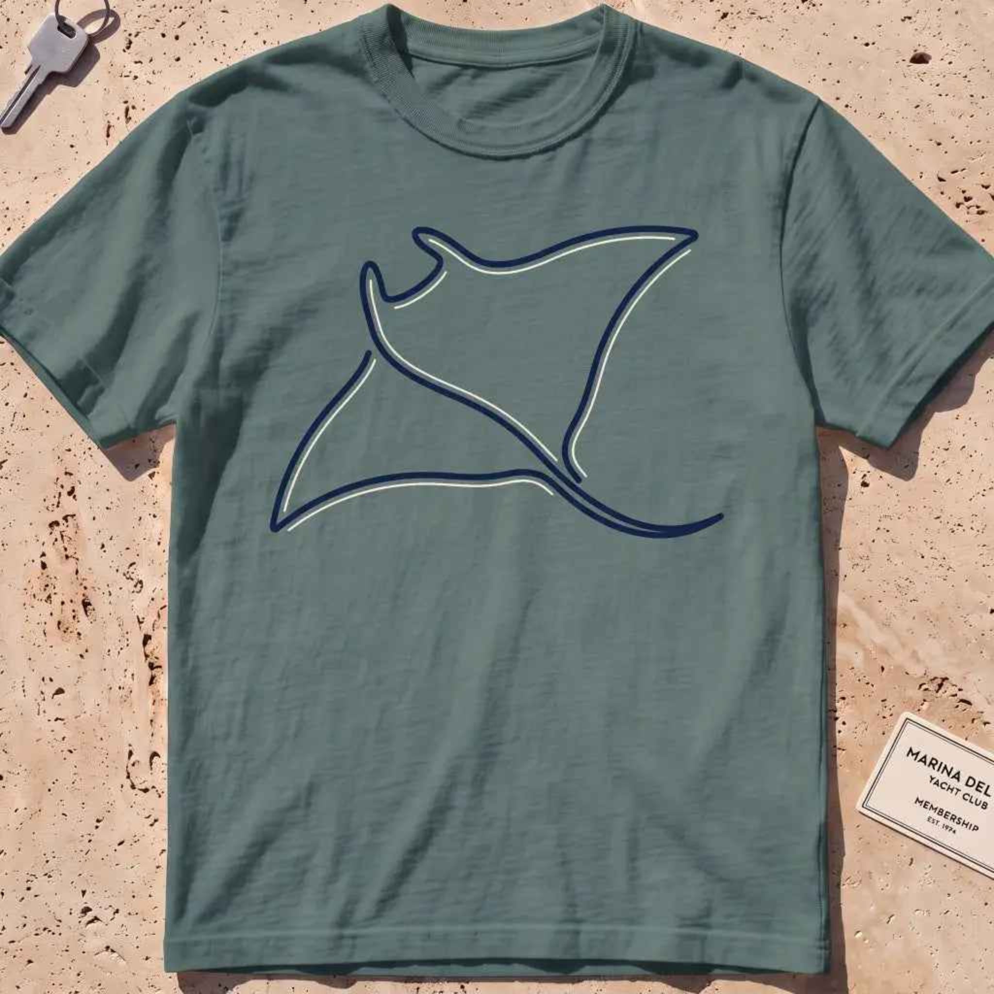 blue spruce heavyweight tee with a single continuous-line manta ray graphic.
