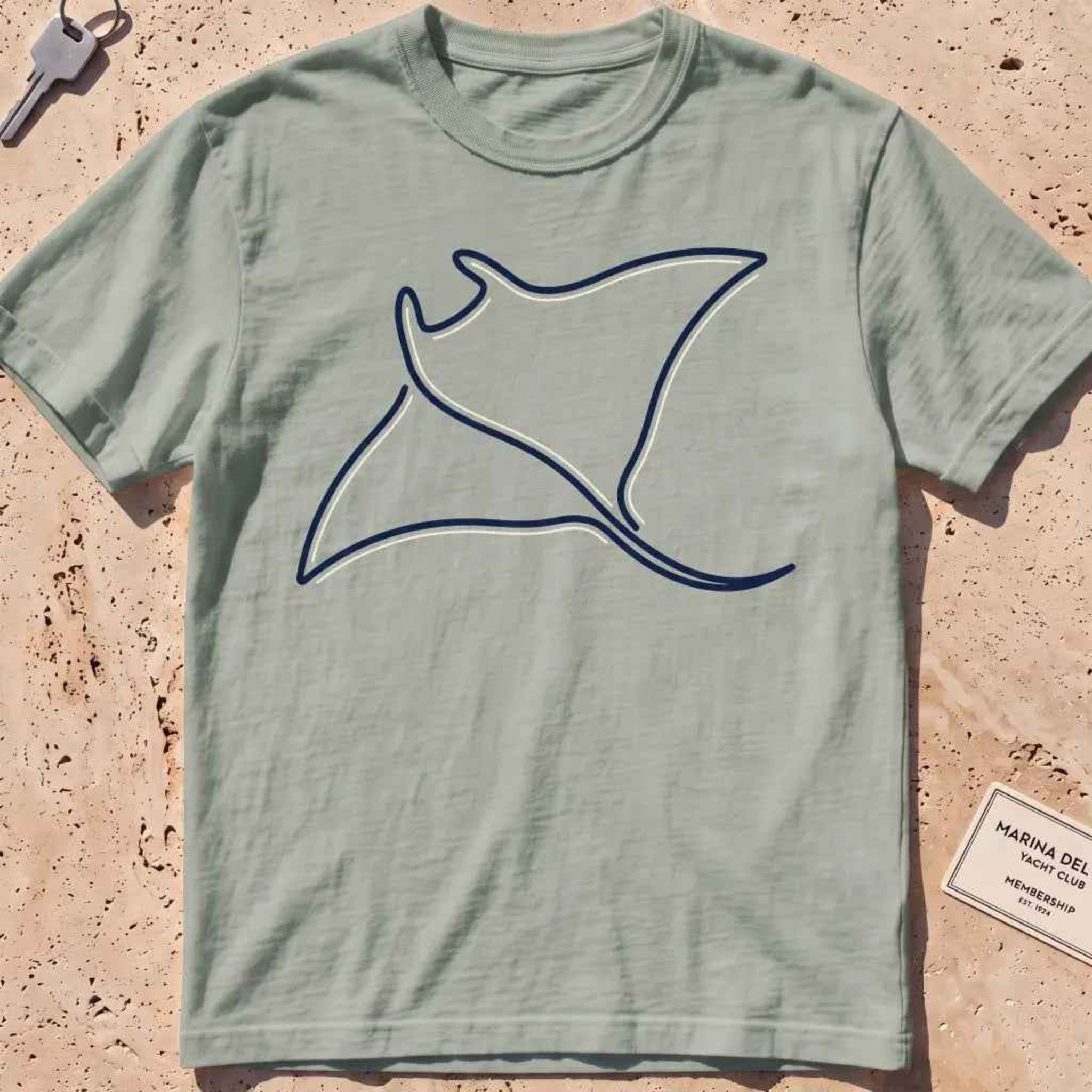 bay heavyweight tee with a single continuous-line manta ray graphic.