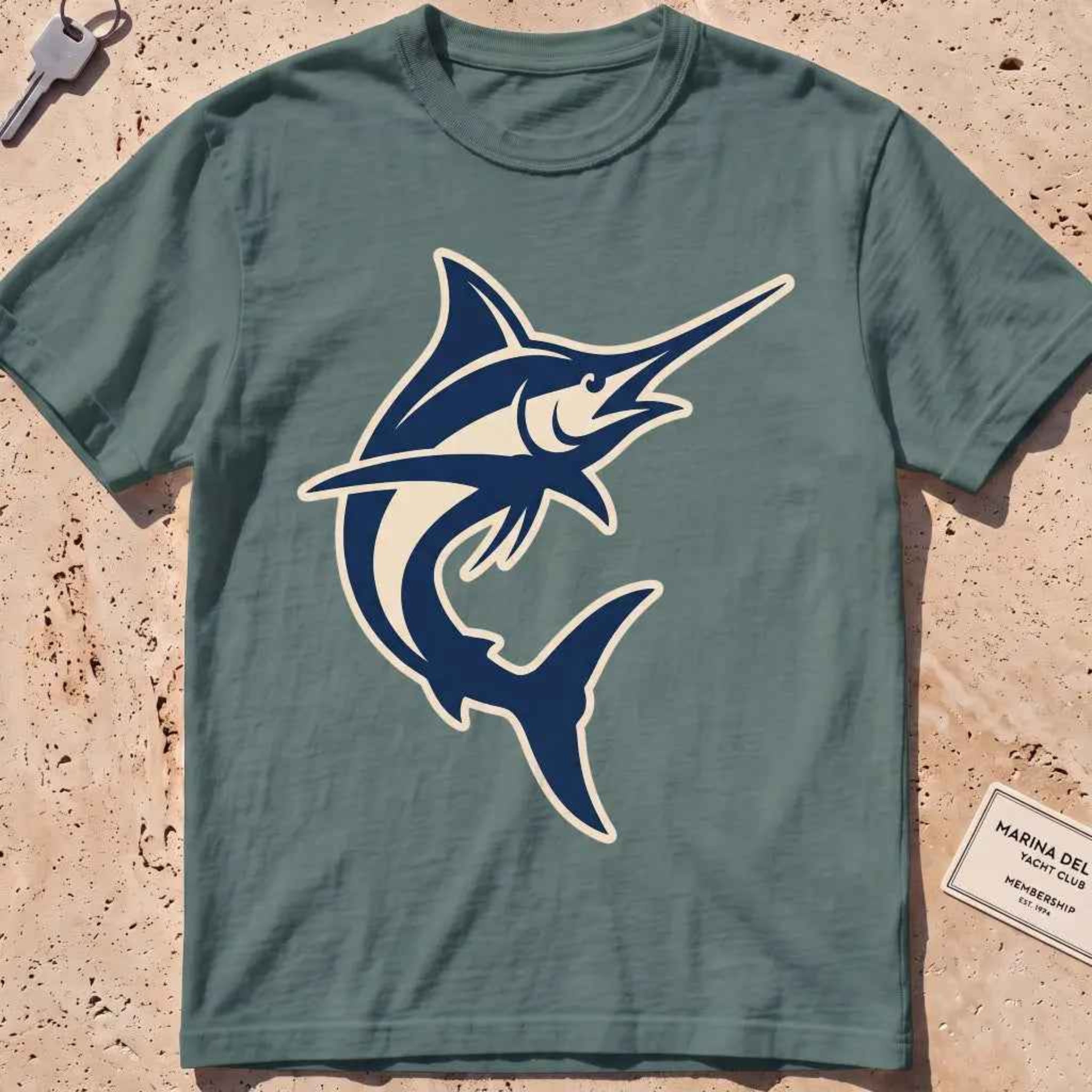 blue spruce heavyweight tee with a clean two-tone sport-fishing marlin silhouette graphic.