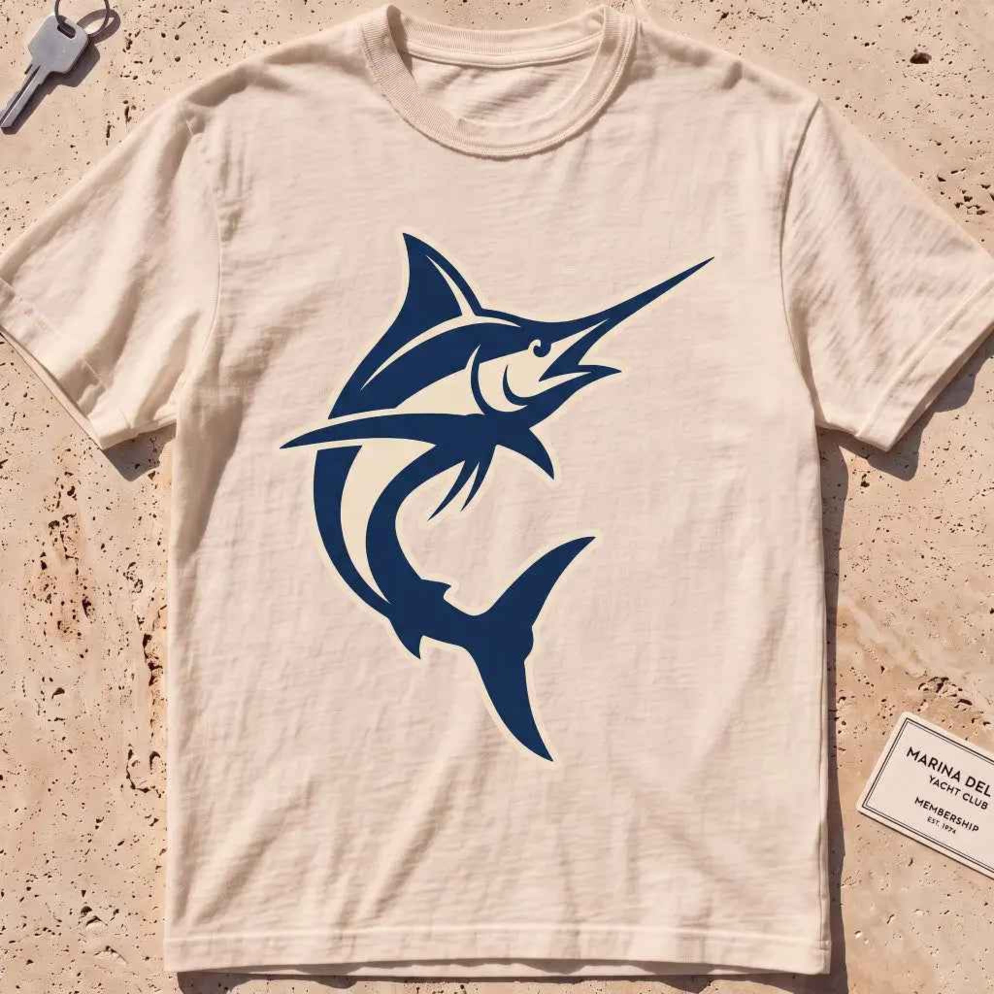 ivory heavyweight tee with a clean two-tone sport-fishing marlin silhouette graphic.