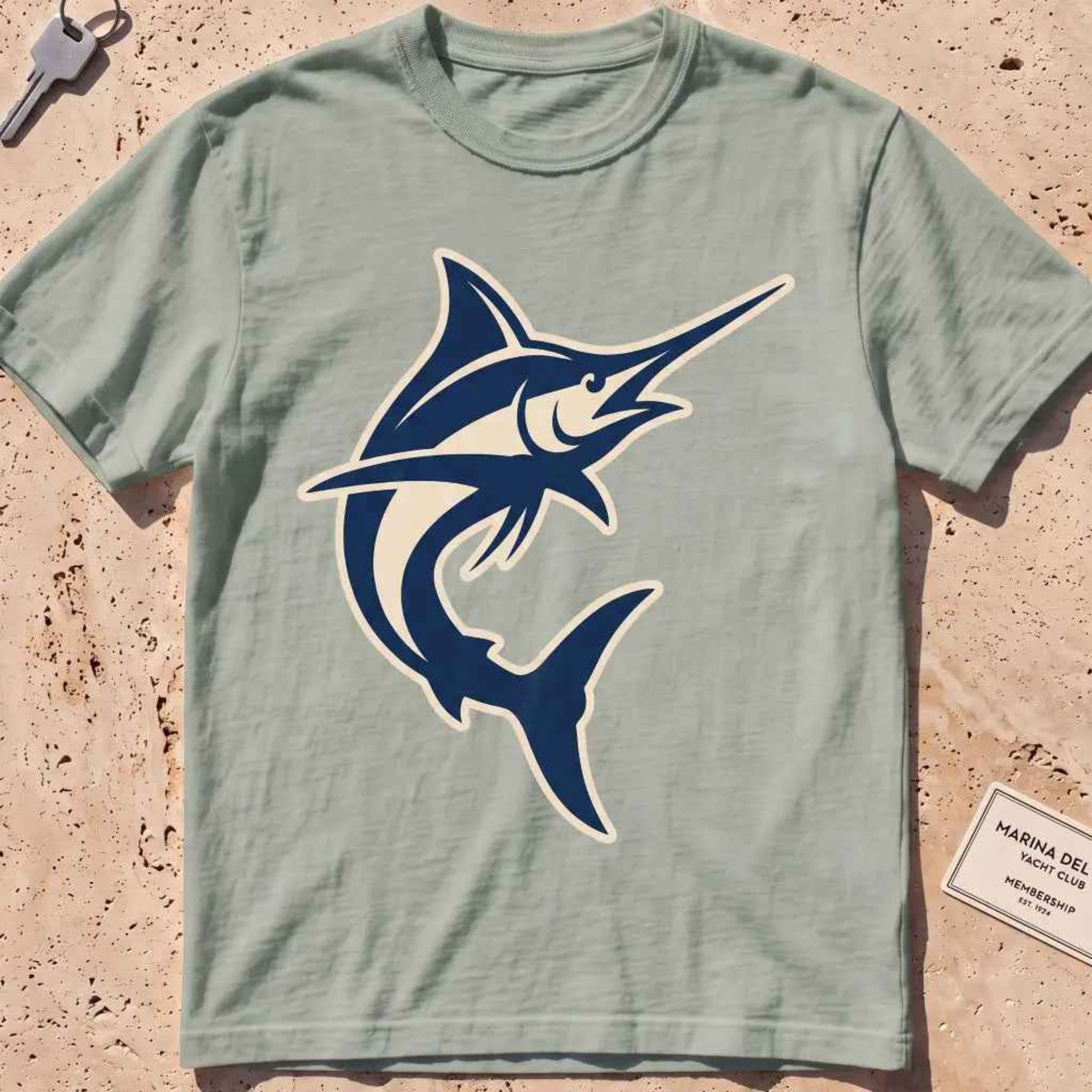 heavyweight tee with a clean two-tone sport-fishing marlin silhouette graphic.