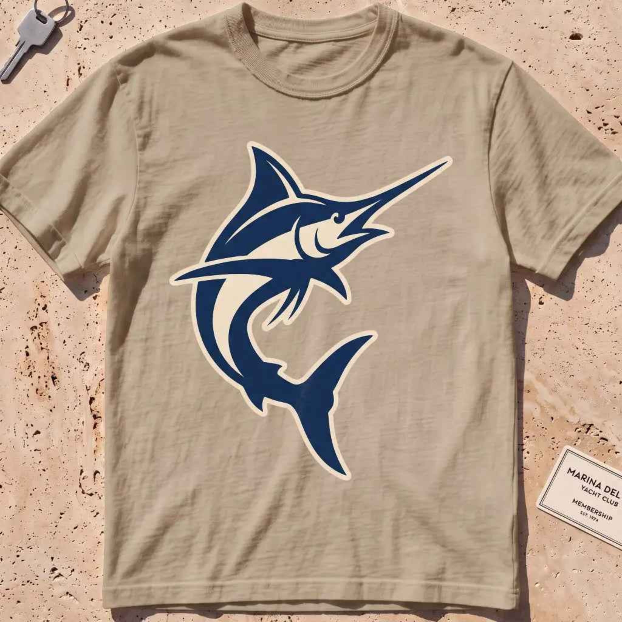 khaki heavyweight tee with a clean two-tone sport-fishing marlin silhouette graphic.