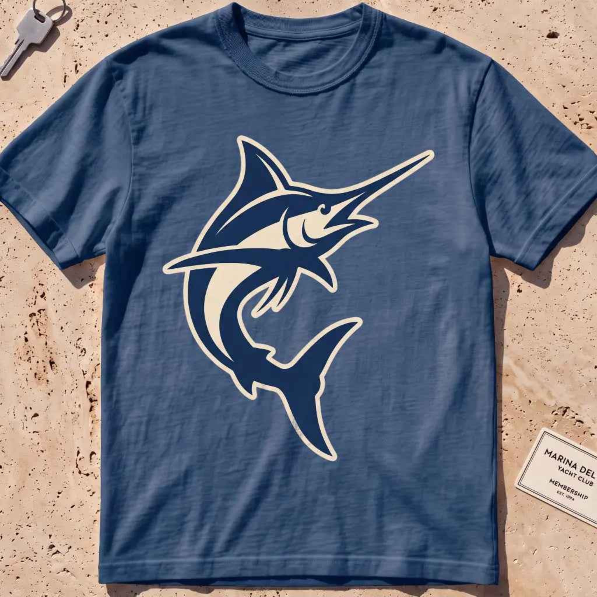 midnight heavyweight tee with a clean two-tone sport-fishing marlin silhouette graphic.