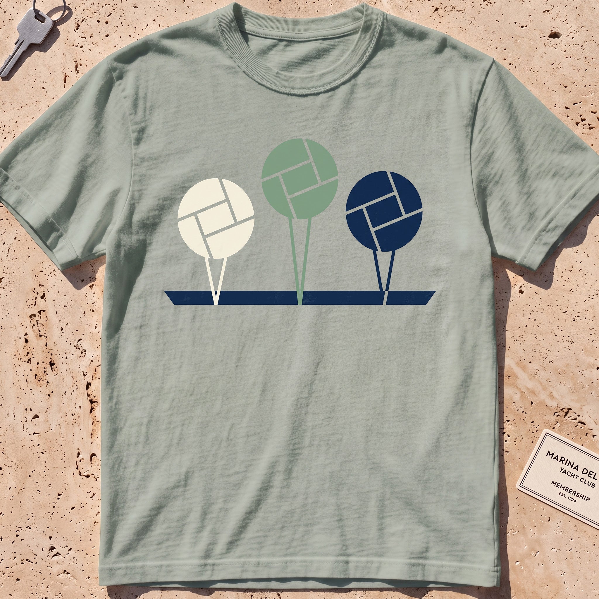 bay heavyweight tee with flat-geometric mooring balls graphic.