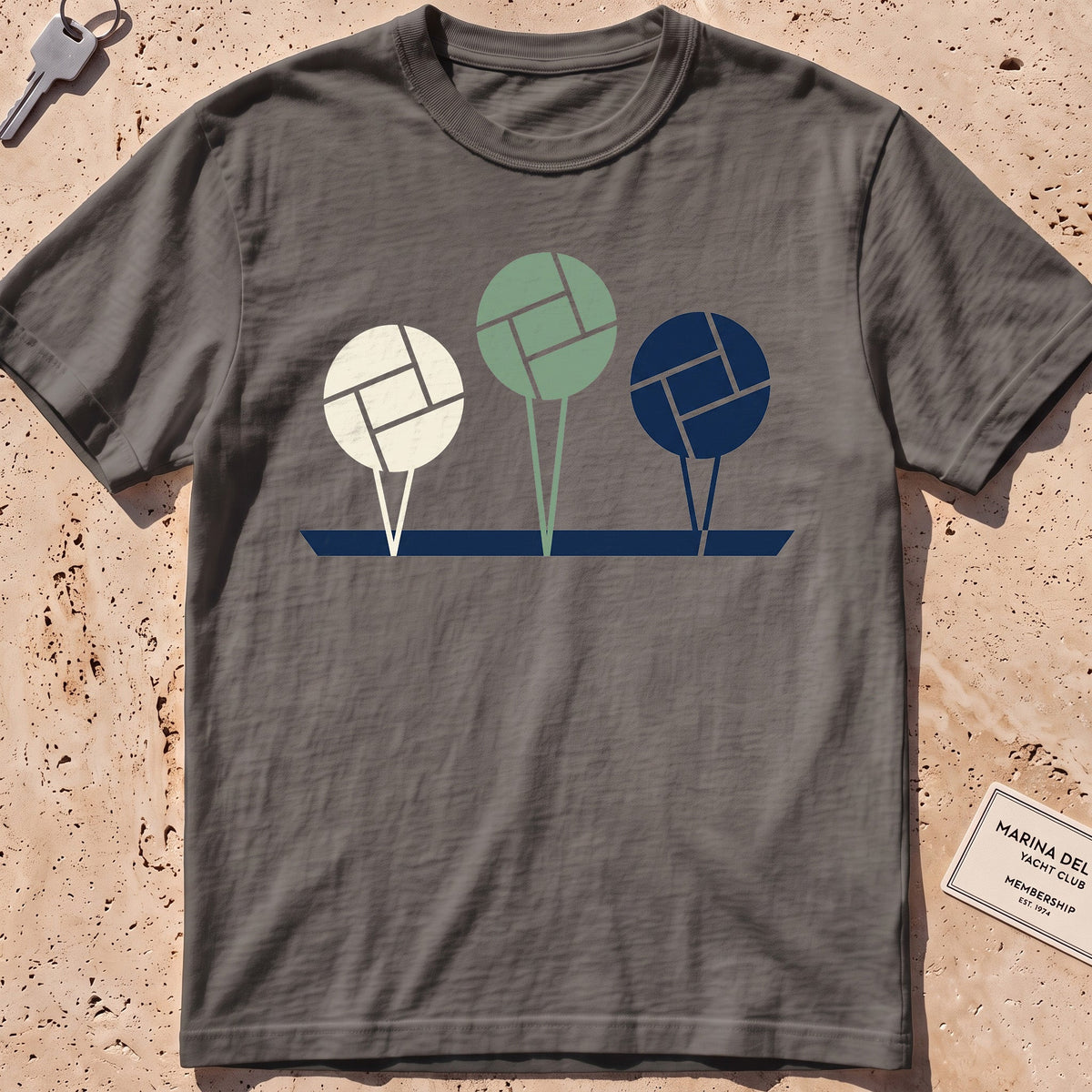 pepper heavyweight tee with flat-geometric mooring balls graphic.