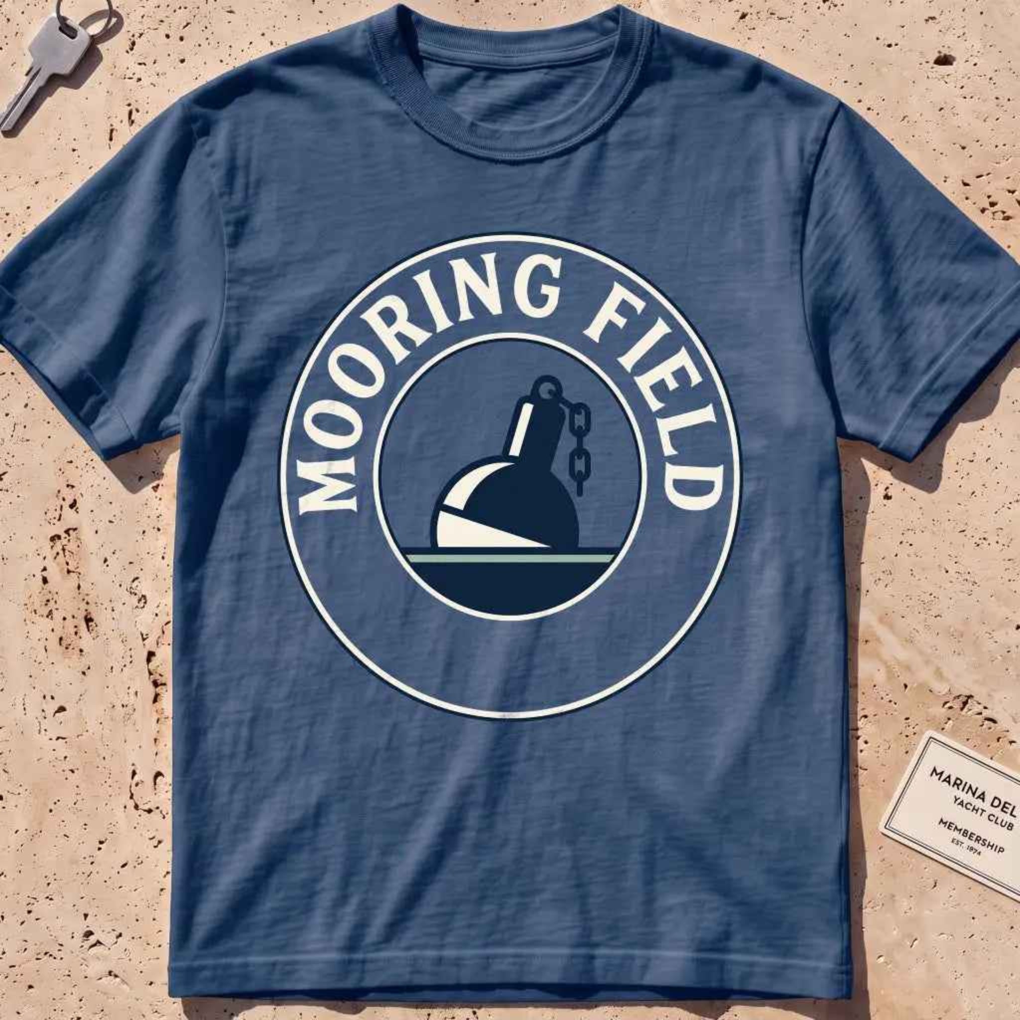 midnight heavyweight tee with a mooring buoy and chain harbor mooring-field badge graphic.