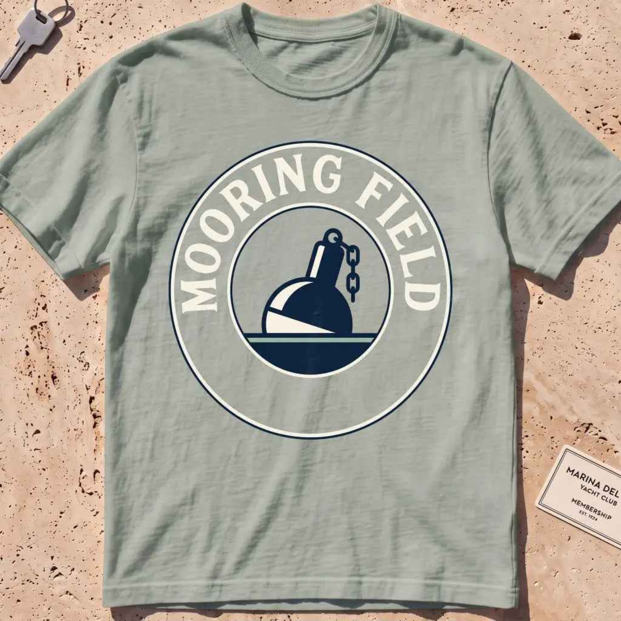 bay heavyweight tee with a mooring buoy and chain harbor mooring-field badge graphic.