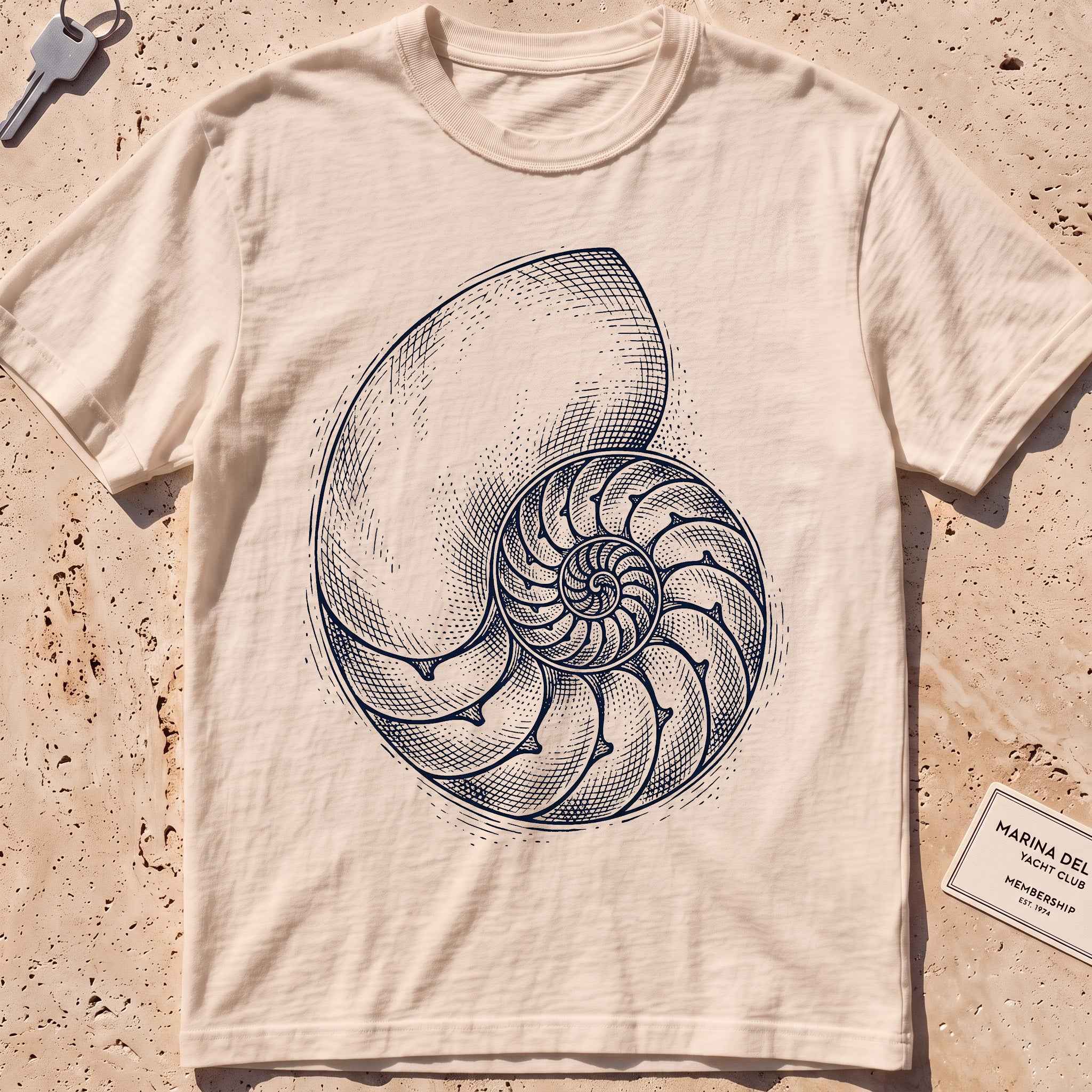 ivory heavyweight tee with an etched nautilus shell graphic.