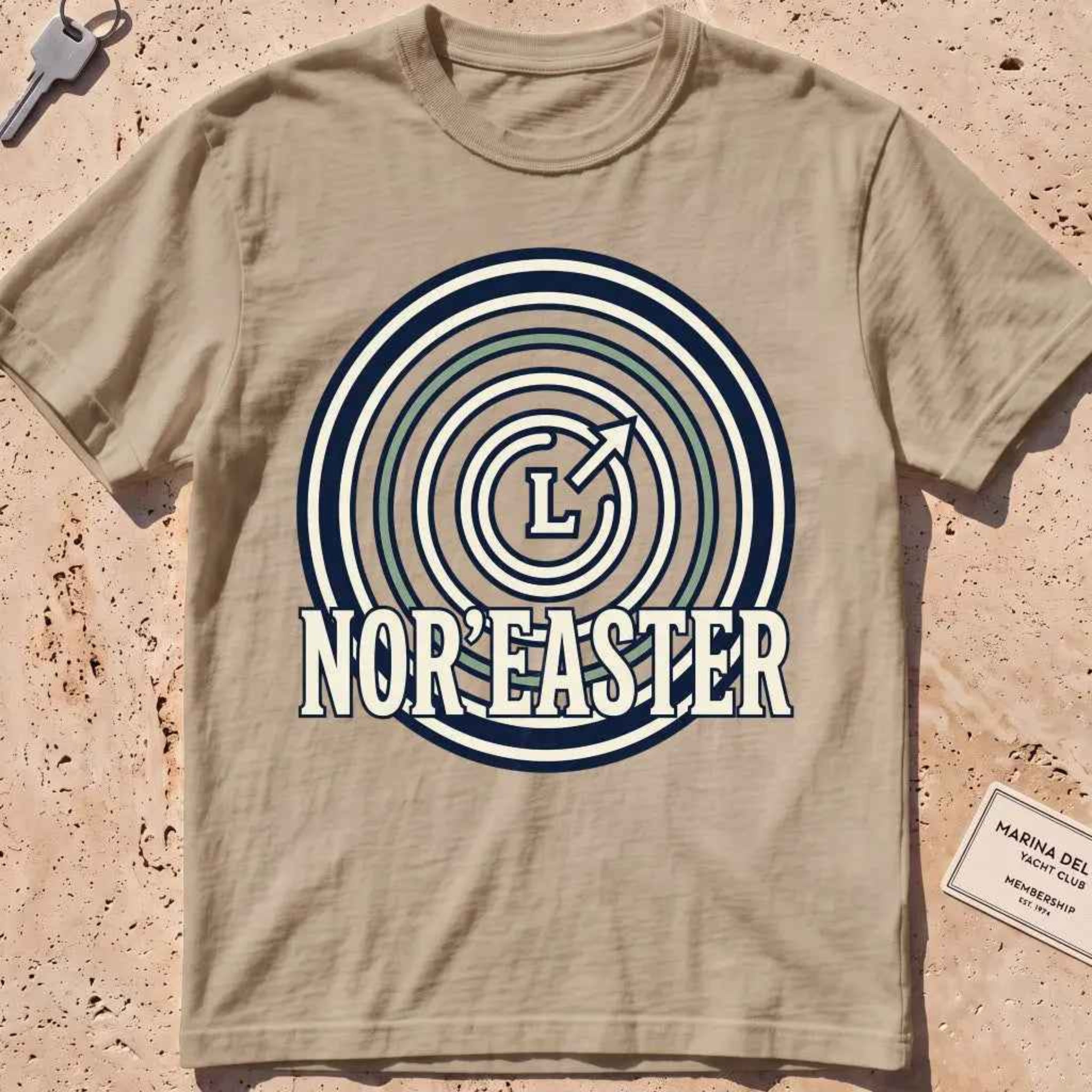 khaki heavyweight tee with an isobar weather-map "Nor'easter" badge.