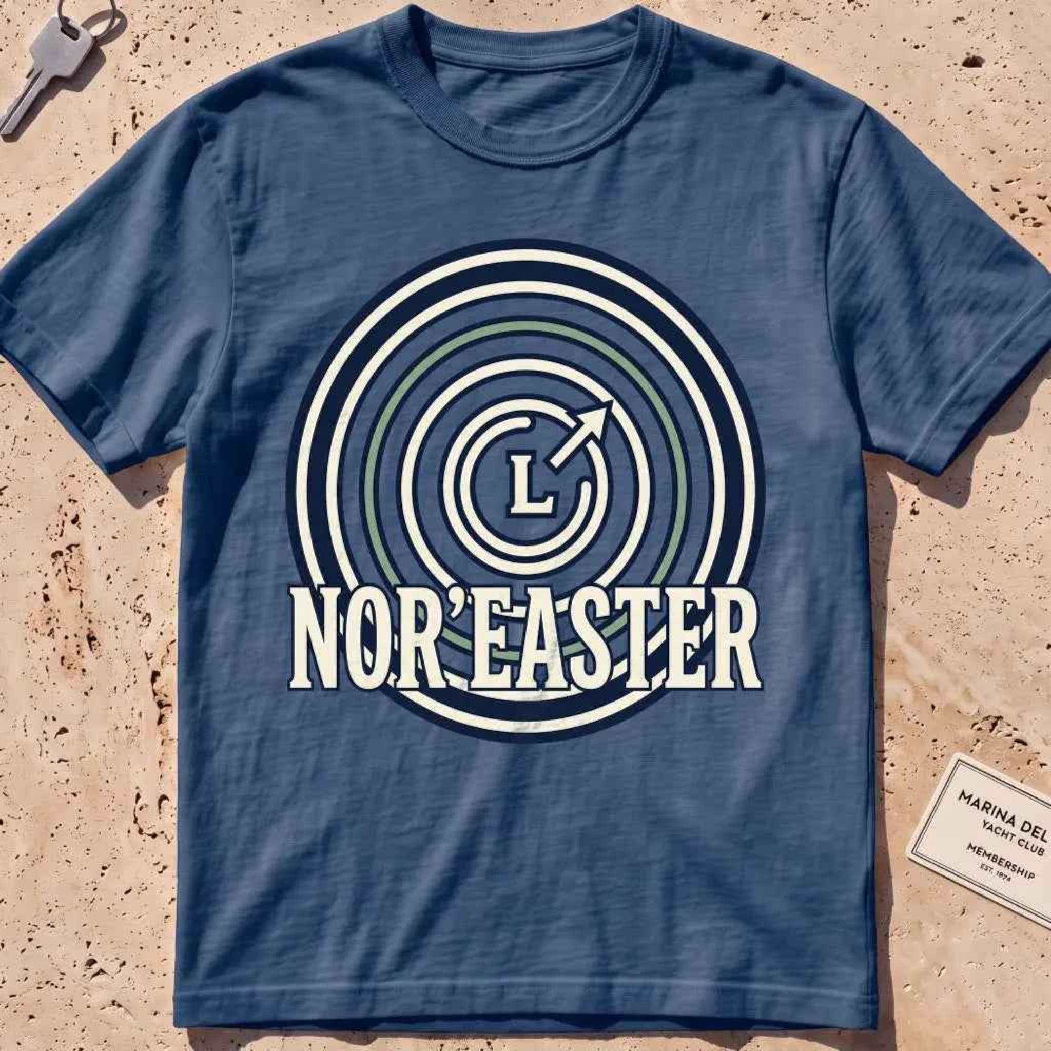 midnight heavyweight tee with an isobar weather-map "Nor'easter" badge.