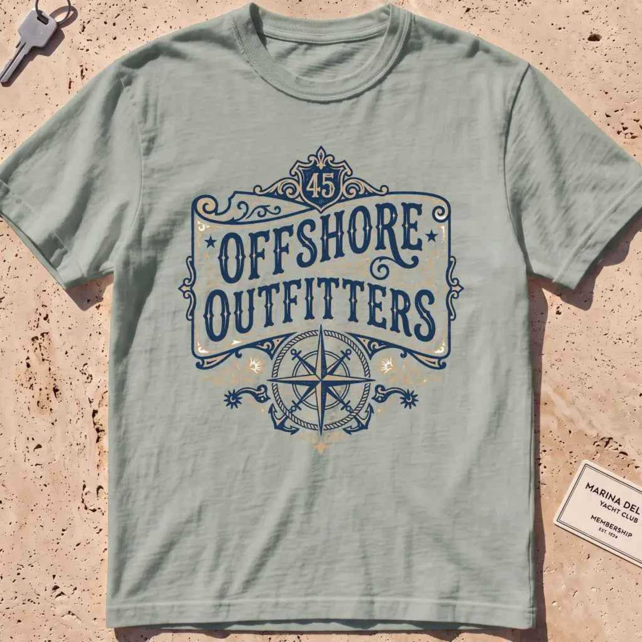 bay heavyweight tee with ornate "Offshore Outfitters" lettering and compass.