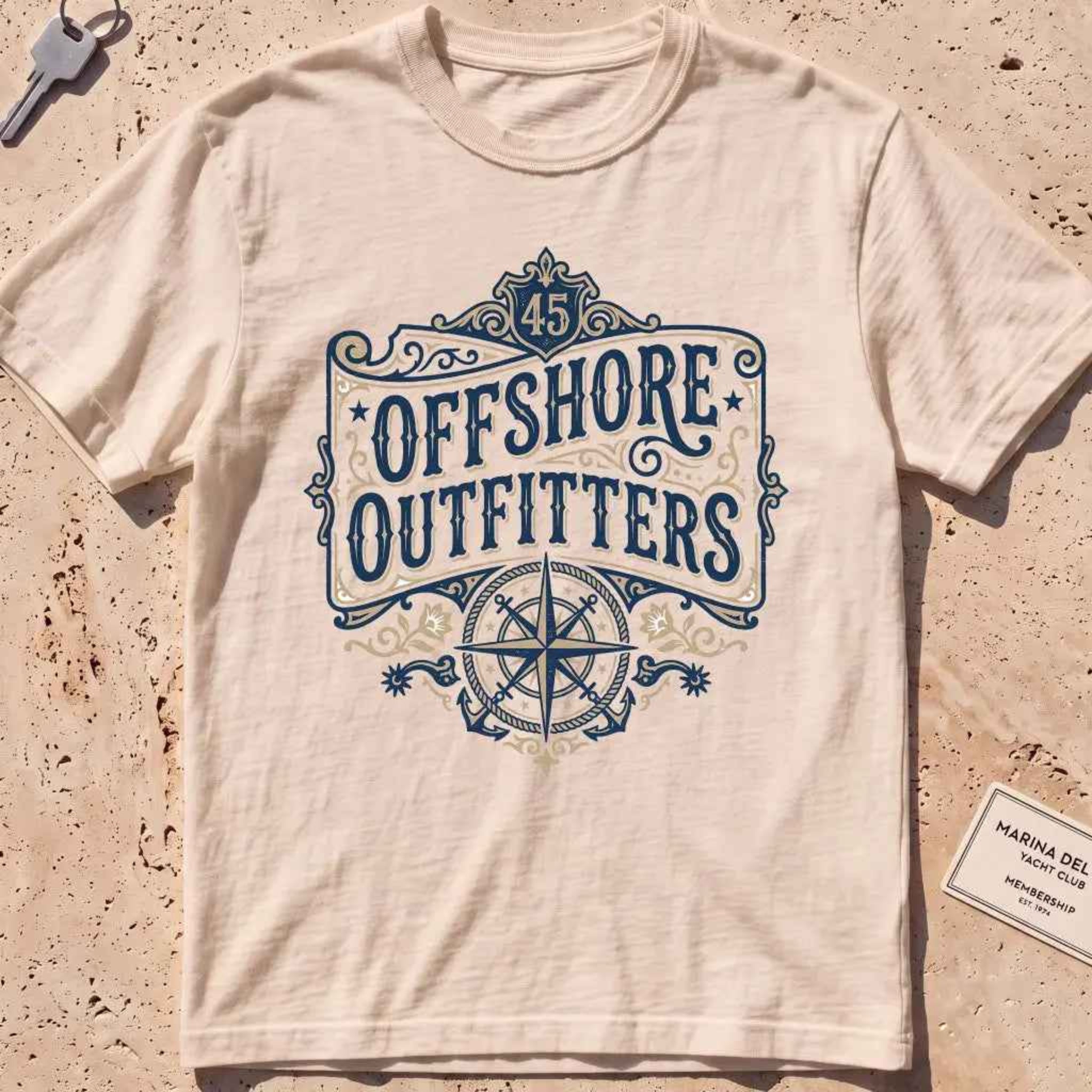 ivory heavyweight tee with ornate "Offshore Outfitters" lettering and compass.