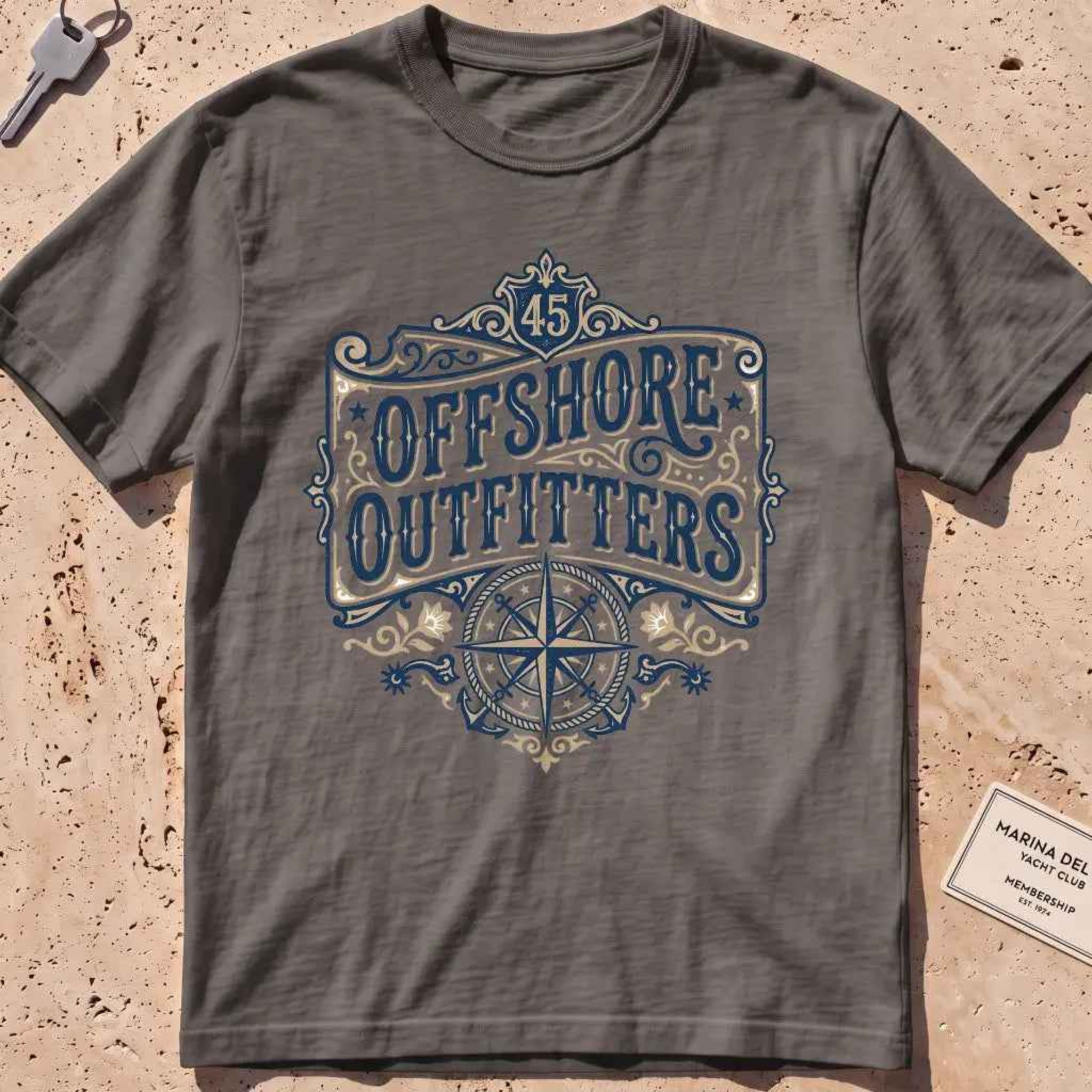 pepper heavyweight tee with ornate "Offshore Outfitters" lettering and compass.
