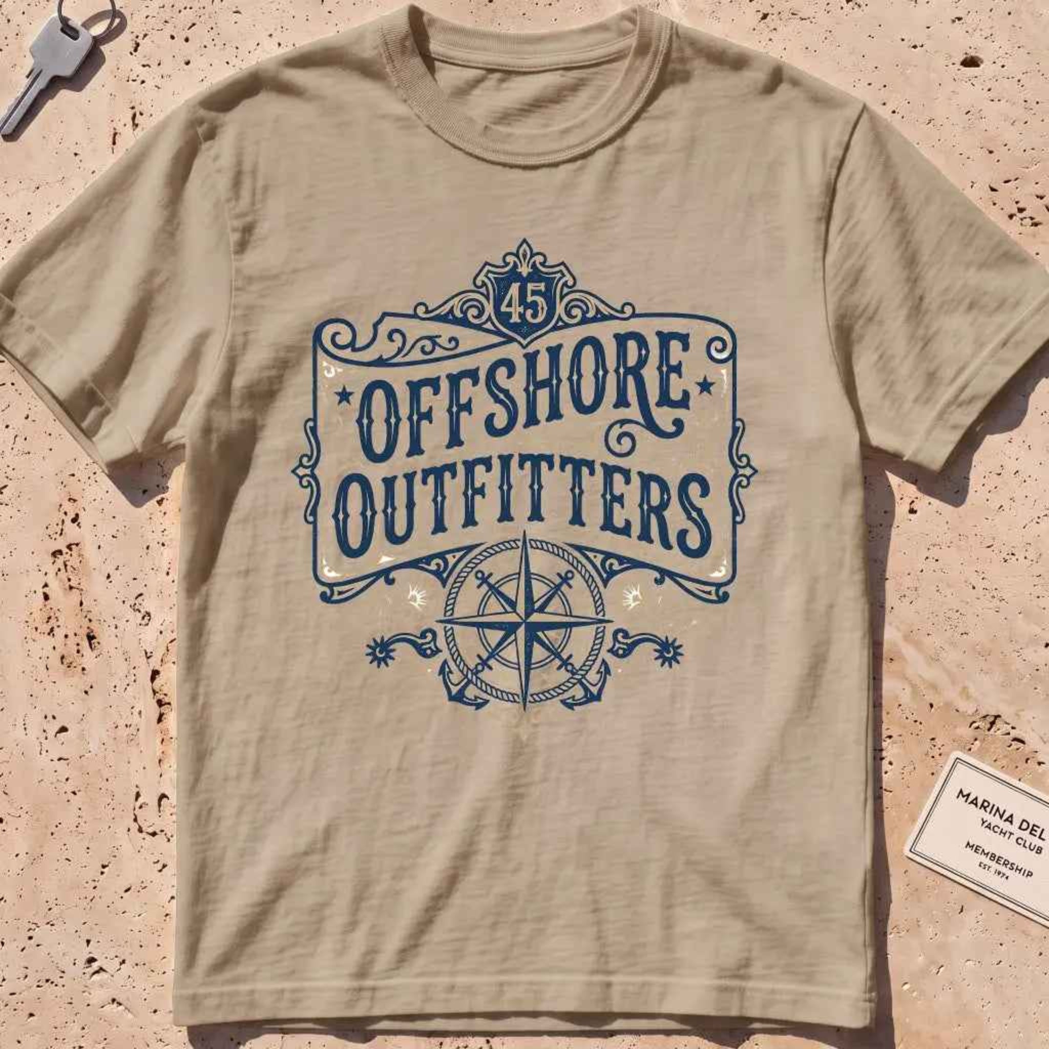 khaki heavyweight tee with ornate "Offshore Outfitters" lettering and compass.