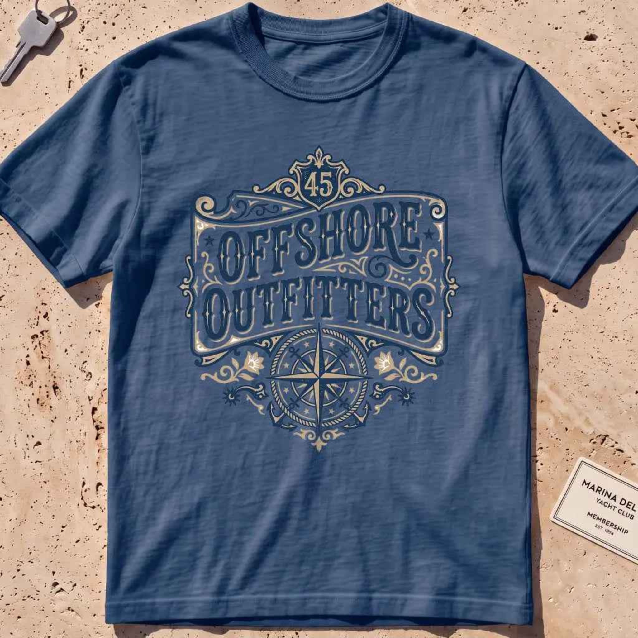 midnight heavyweight tee with ornate "Offshore Outfitters" lettering and compass.