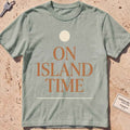 bay heavyweight tee with terracotta "On Island Time" type and sun disc.