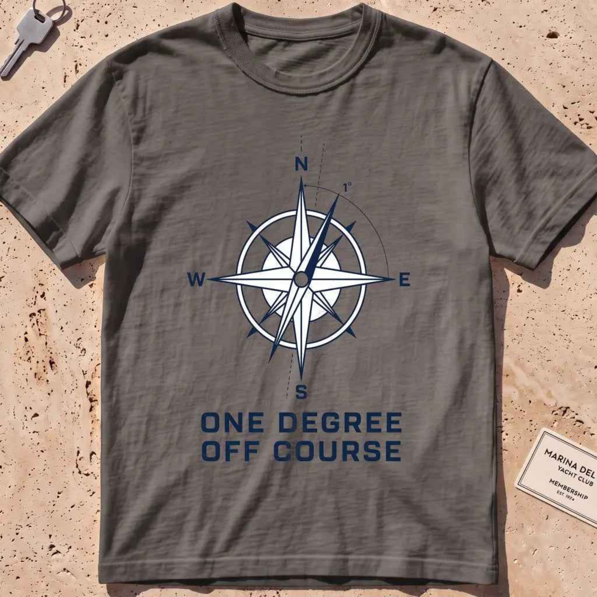 pepper heavyweight tee with a compass rose "One Degree Off Course" graphic.