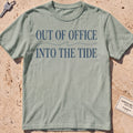 bay heavyweight tee with "Out of Office Into the Tide" type over a wave.