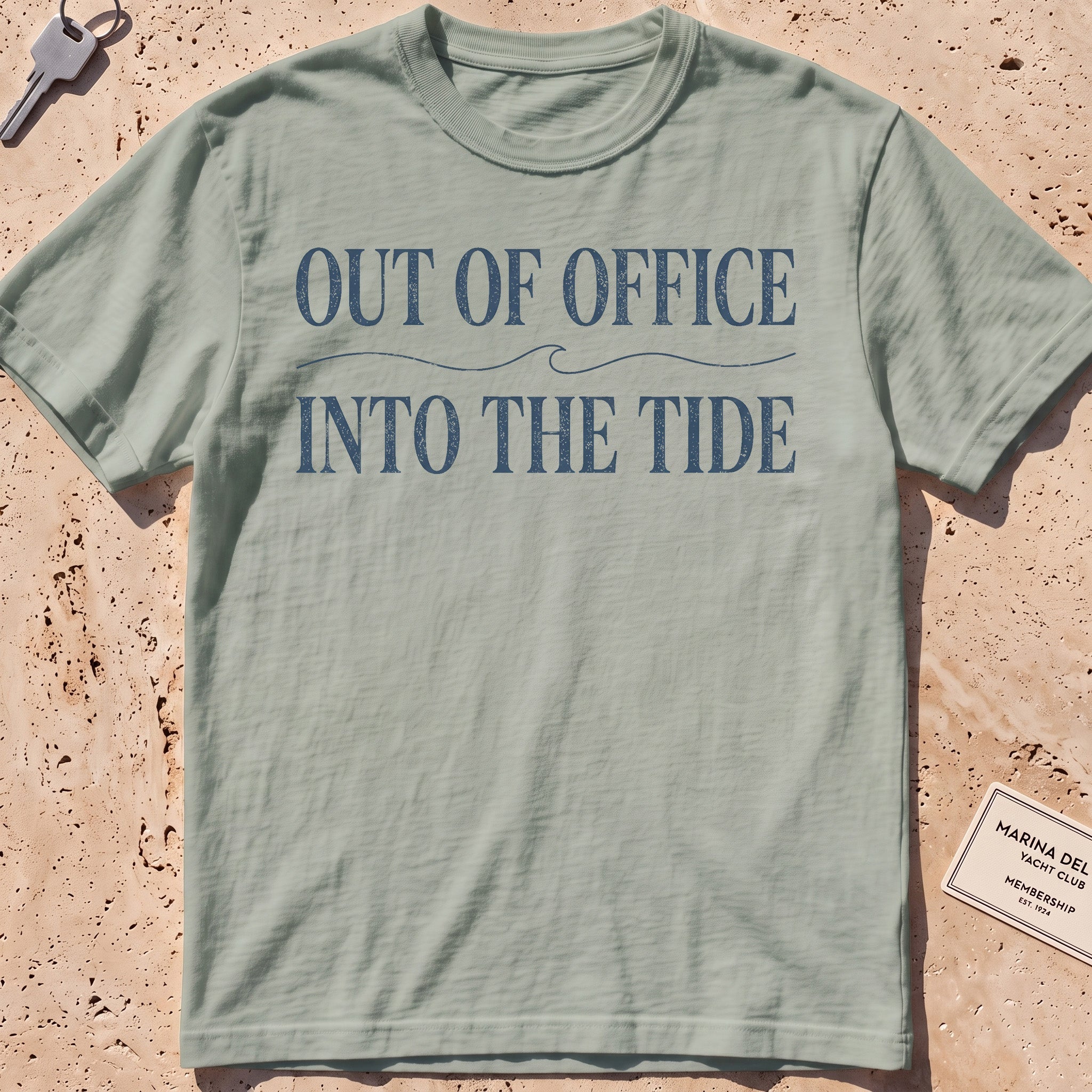 bay heavyweight tee with "Out of Office Into the Tide" type over a wave.