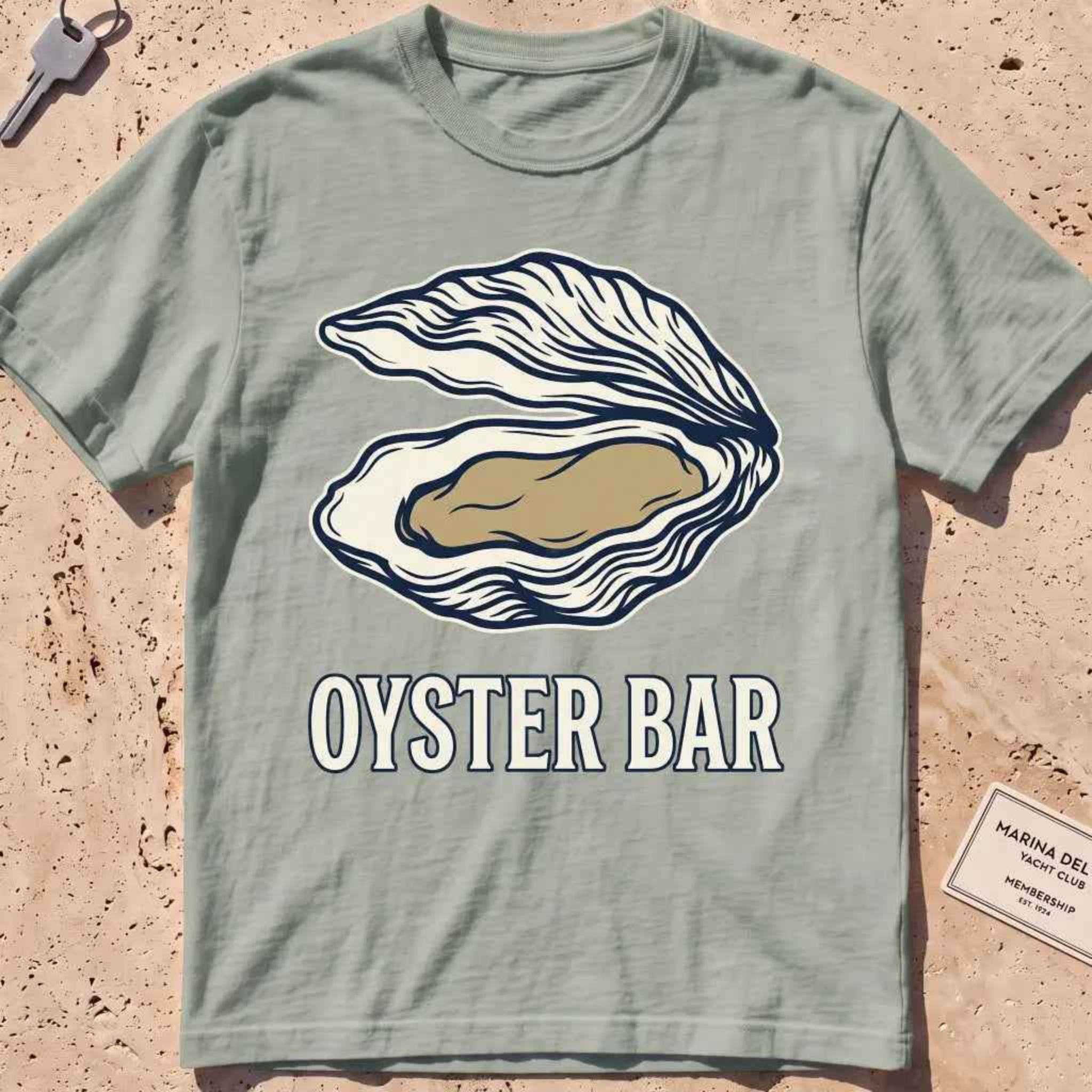 bay heavyweight tee with a finely engraved oyster shell in vintage line style.