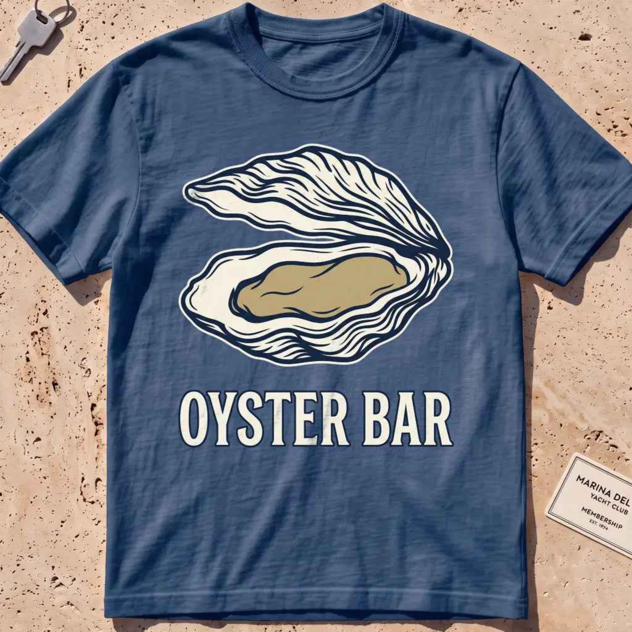 midnight heavyweight tee with a finely engraved oyster shell in vintage line style.