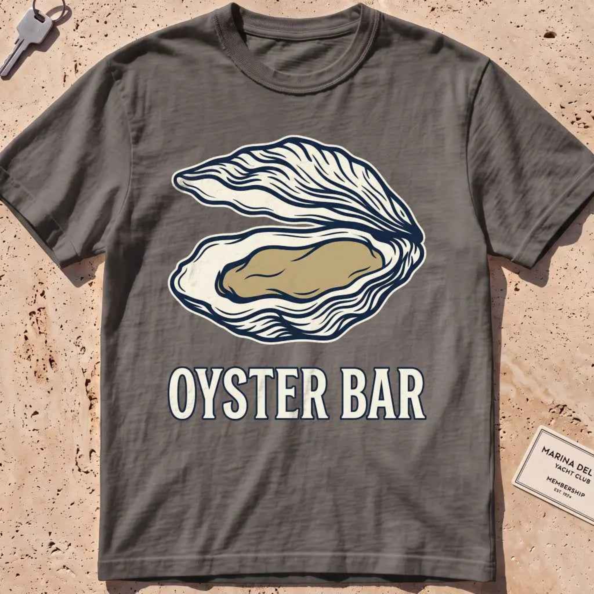 pepper heavyweight tee with a finely engraved oyster shell in vintage line style.
