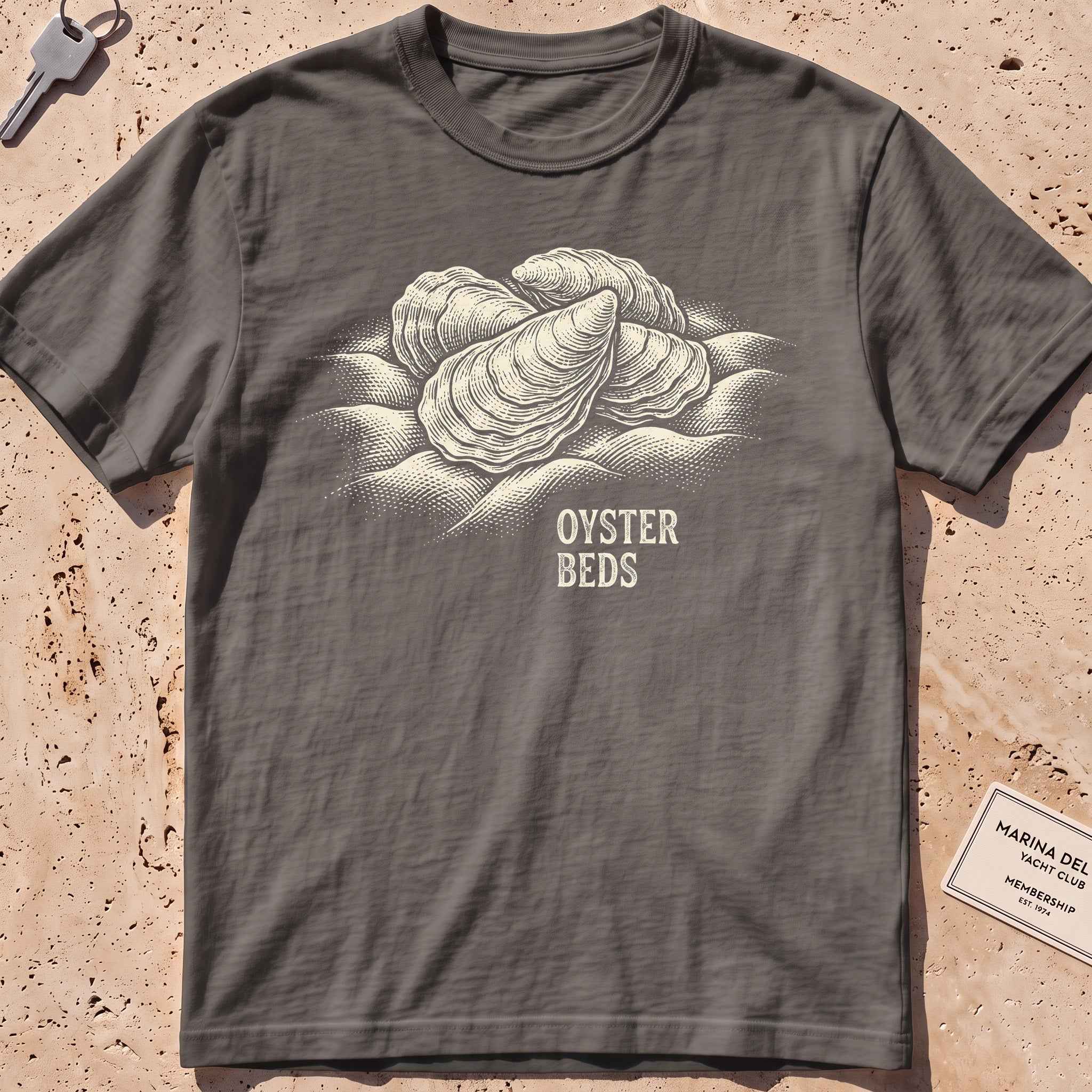 pepper heavyweight tee with an etched cluster of oysters graphic.