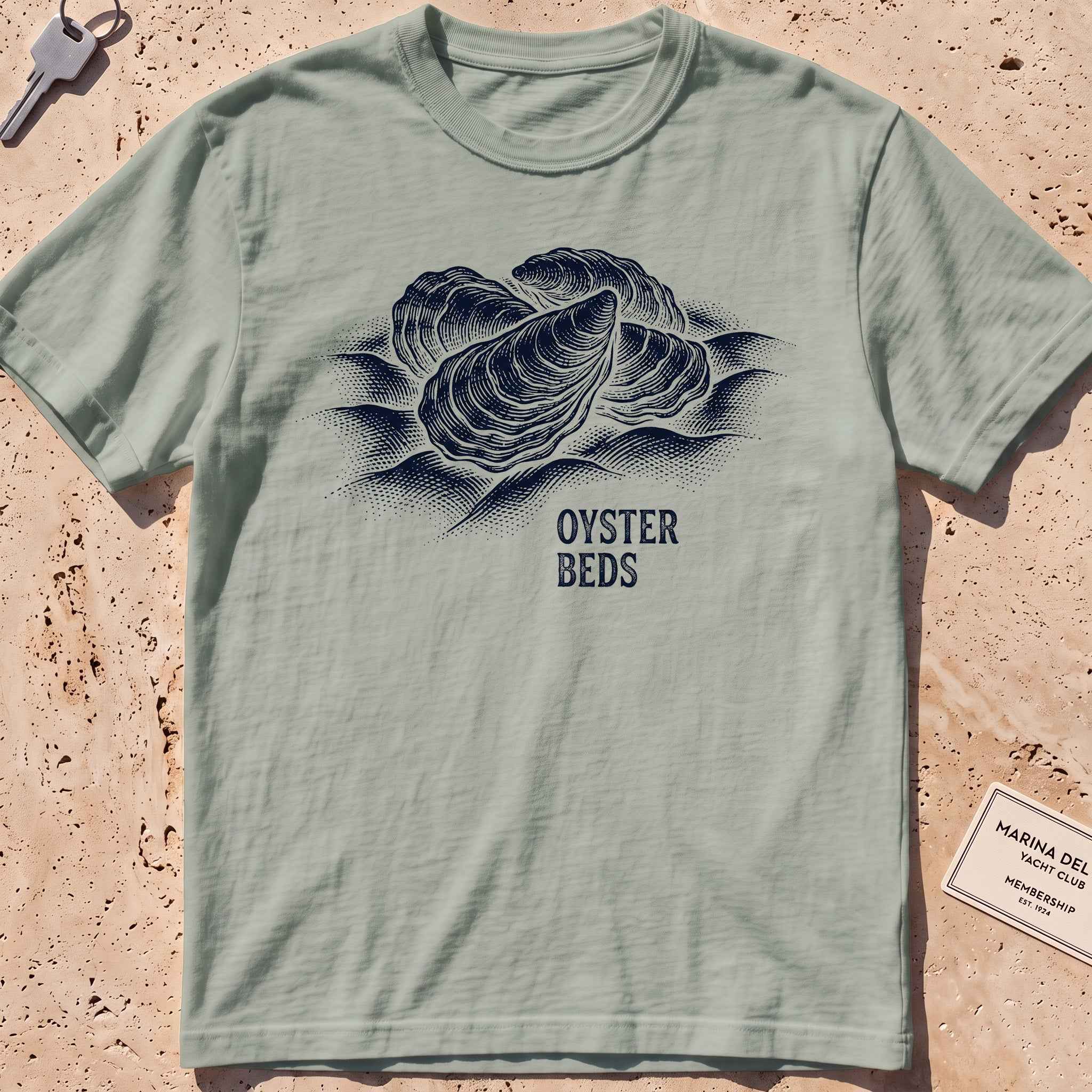 bay heavyweight tee with an etched cluster of oysters graphic.