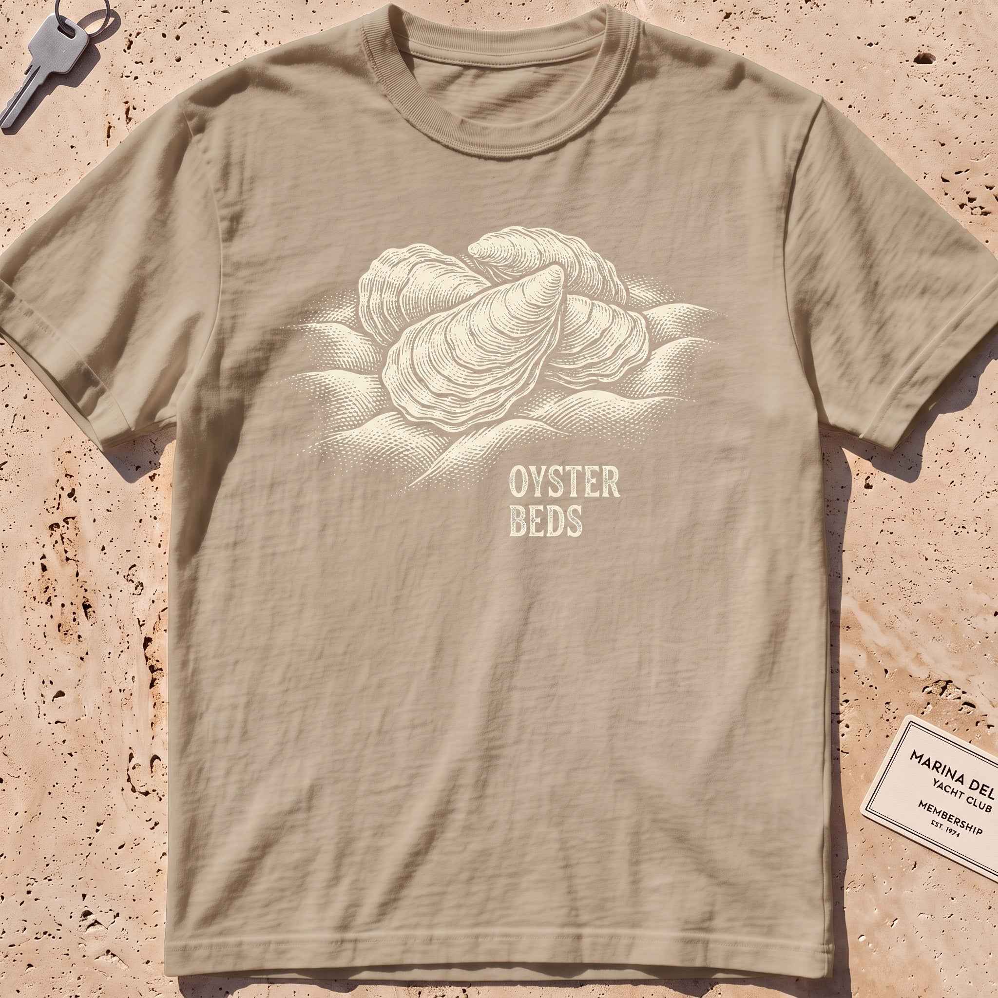 khaki heavyweight tee with an etched cluster of oysters graphic.