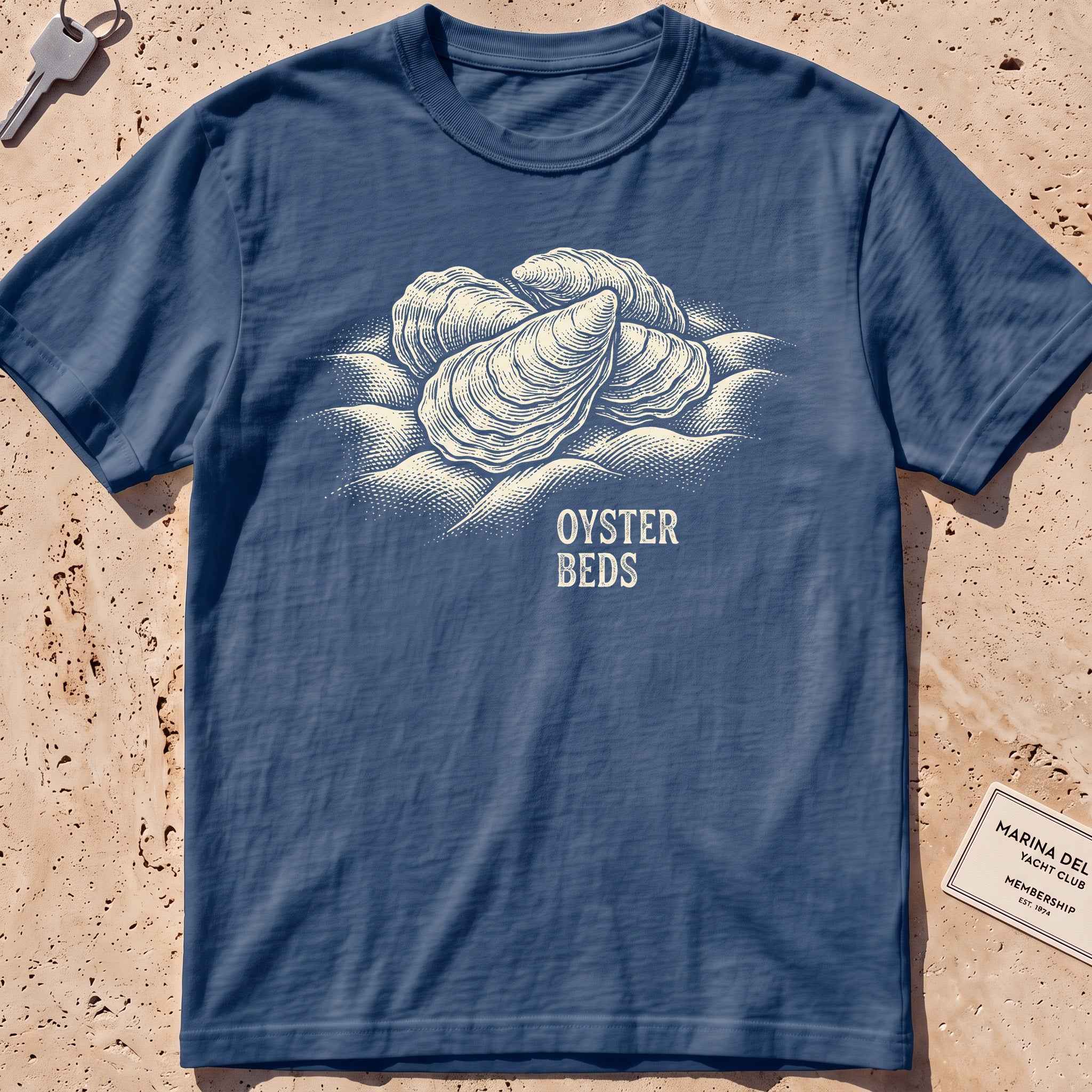 midnight heavyweight tee with an etched cluster of oysters graphic.