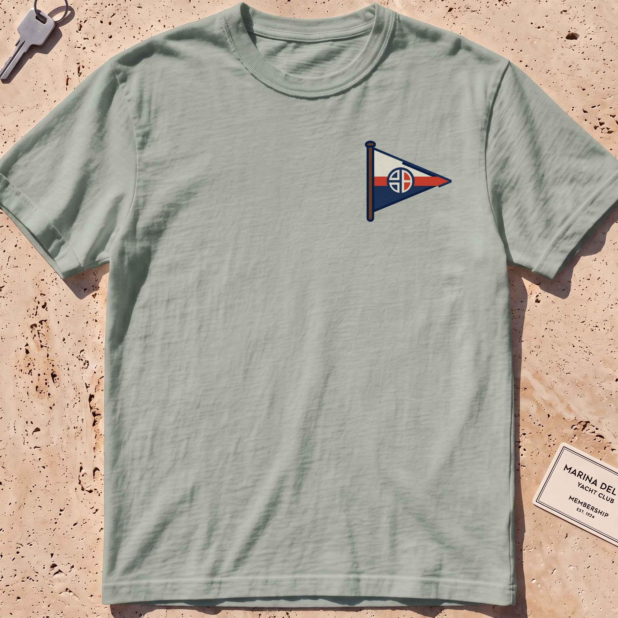 bay heavyweight tee with a sailing burgee pennant crest graphic.