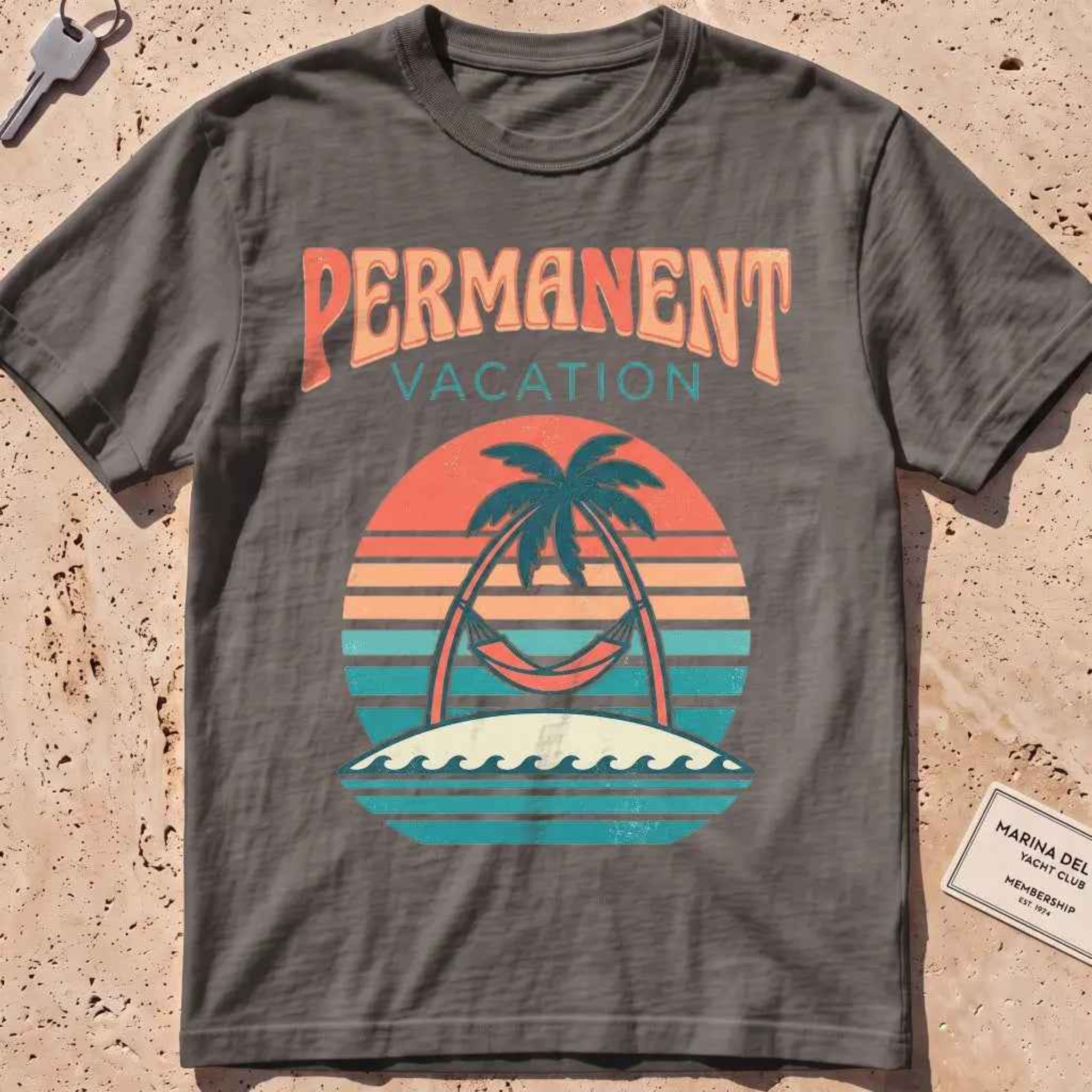 pepper heavyweight tee with a retro sunset and hammock "Permanent Vacation" graphic.