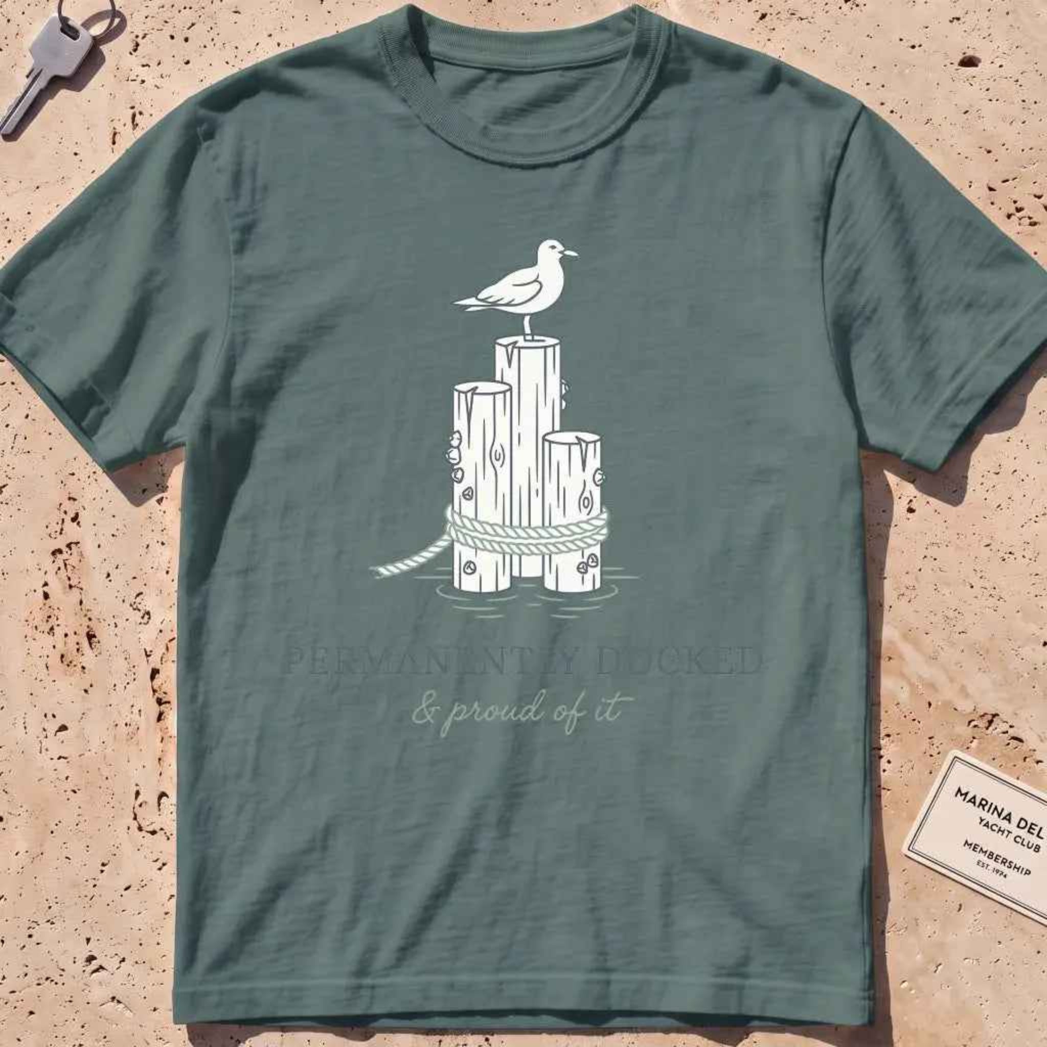 blue spruce heavyweight tee with dock pilings, a gull and "Permanently Docked" text.