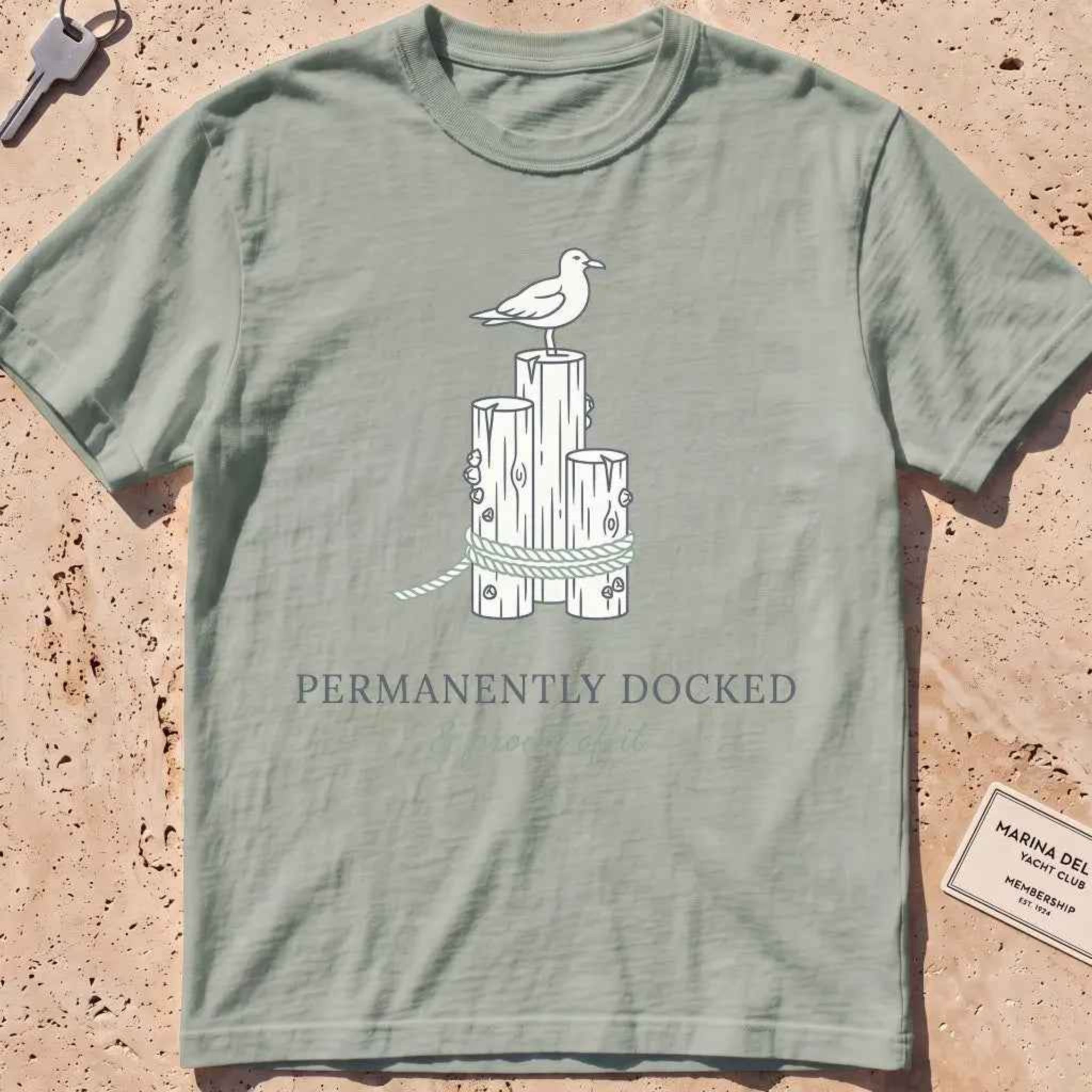 bay heavyweight tee with dock pilings, a gull and "Permanently Docked" text.