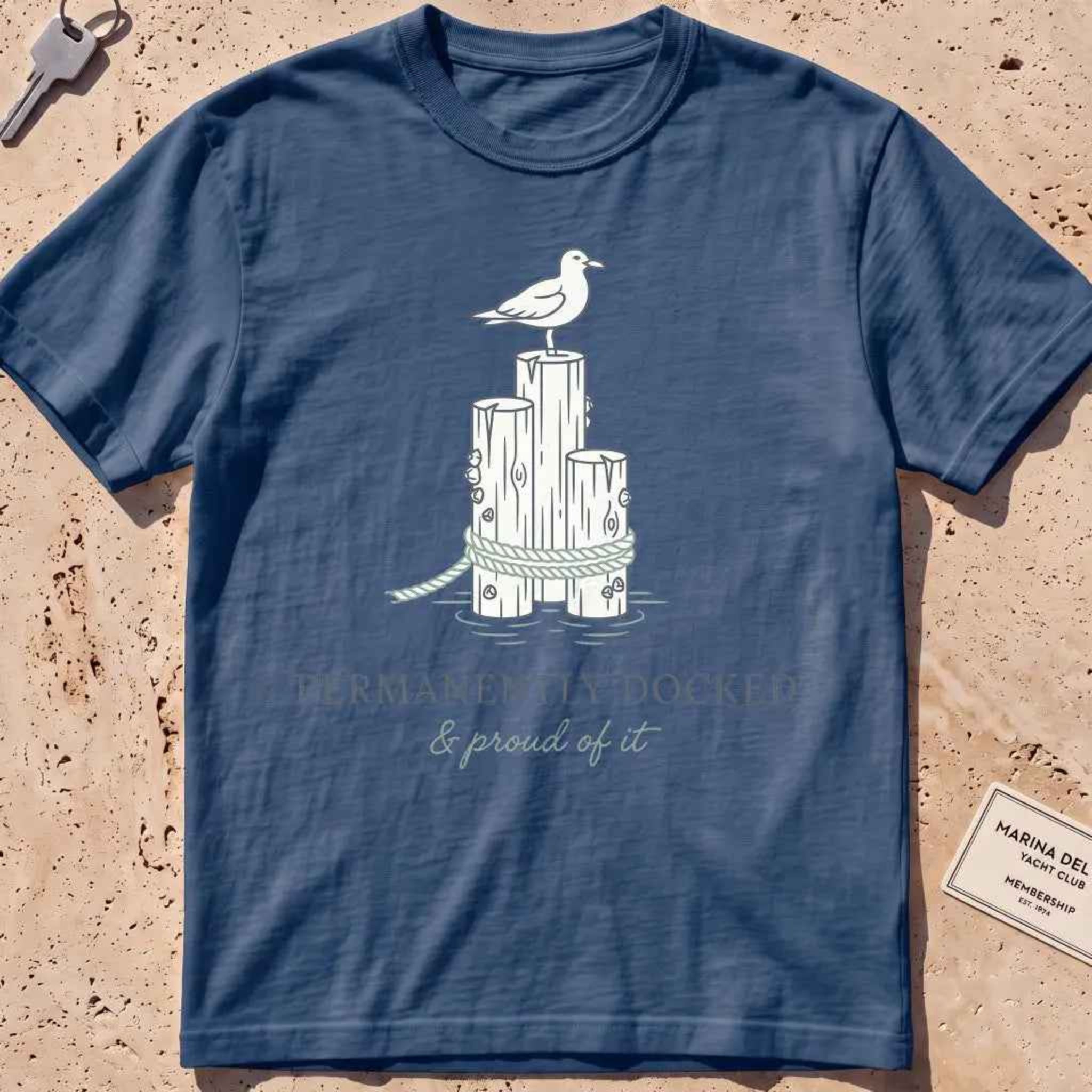 midnight heavyweight tee with dock pilings, a gull and "Permanently Docked" text.