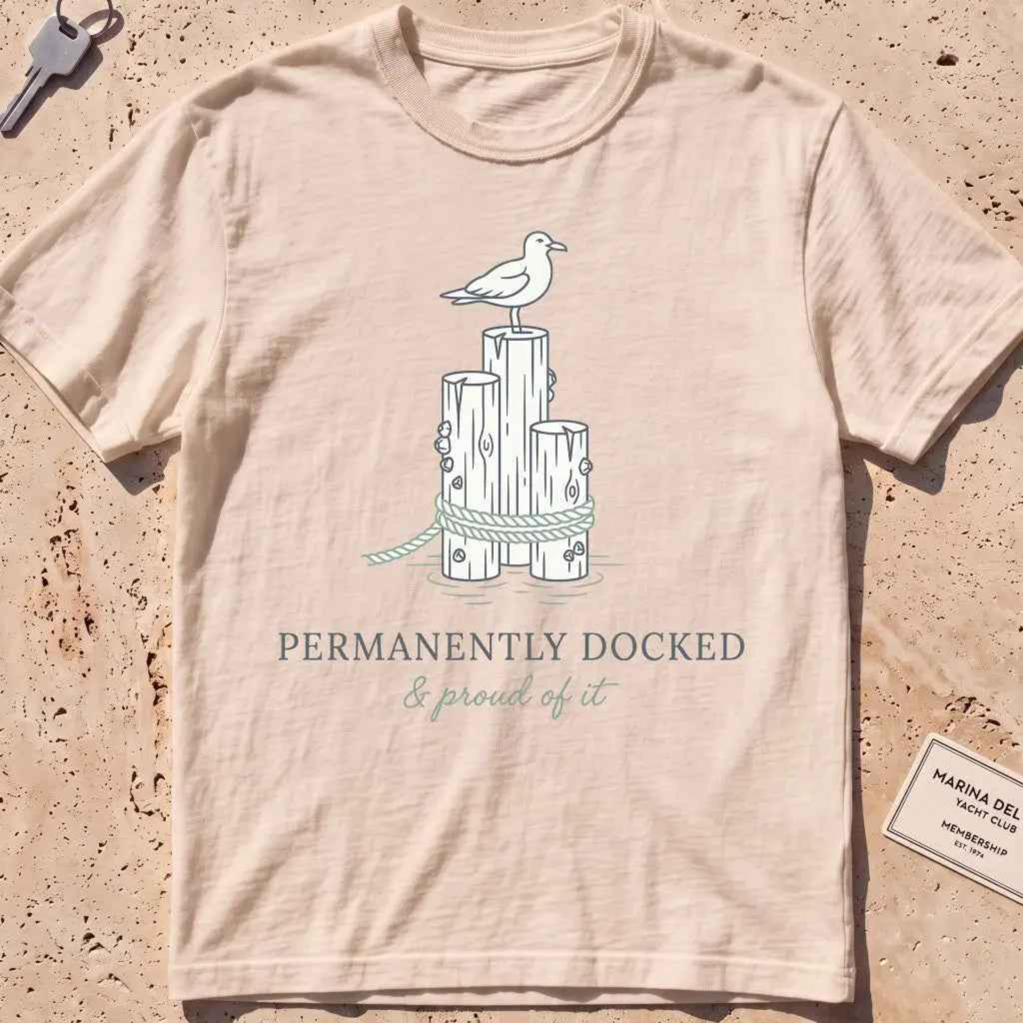 ivory heavyweight tee with dock pilings, a gull and "Permanently Docked" text.