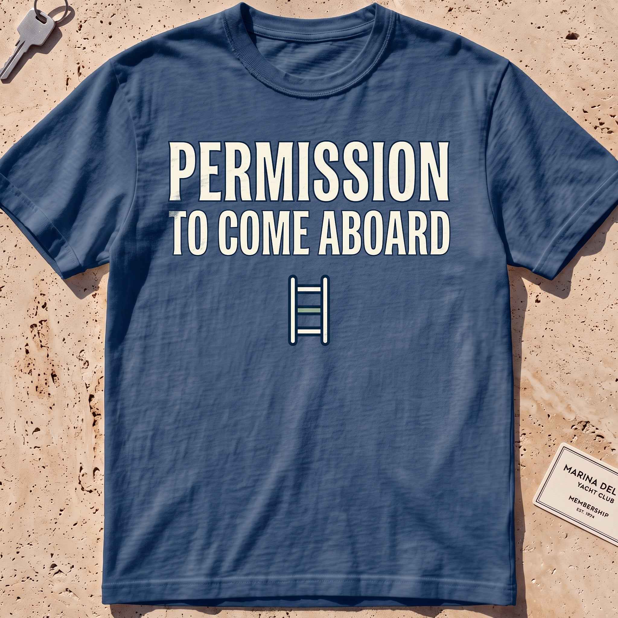 midnight heavyweight tee with a boarding ladder and "Permission to Come Aboard" text.
