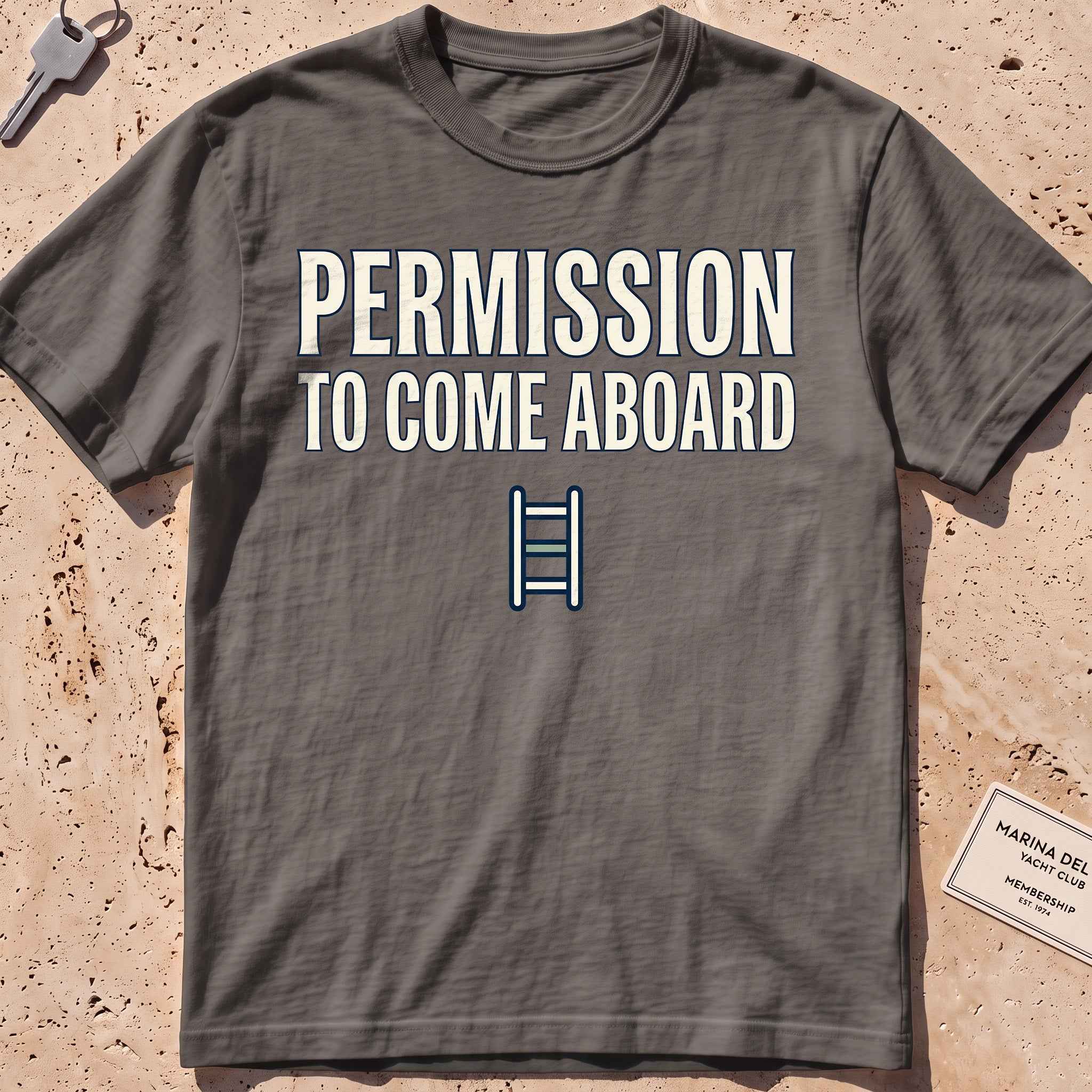 pepper heavyweight tee with a boarding ladder and "Permission to Come Aboard" text.
