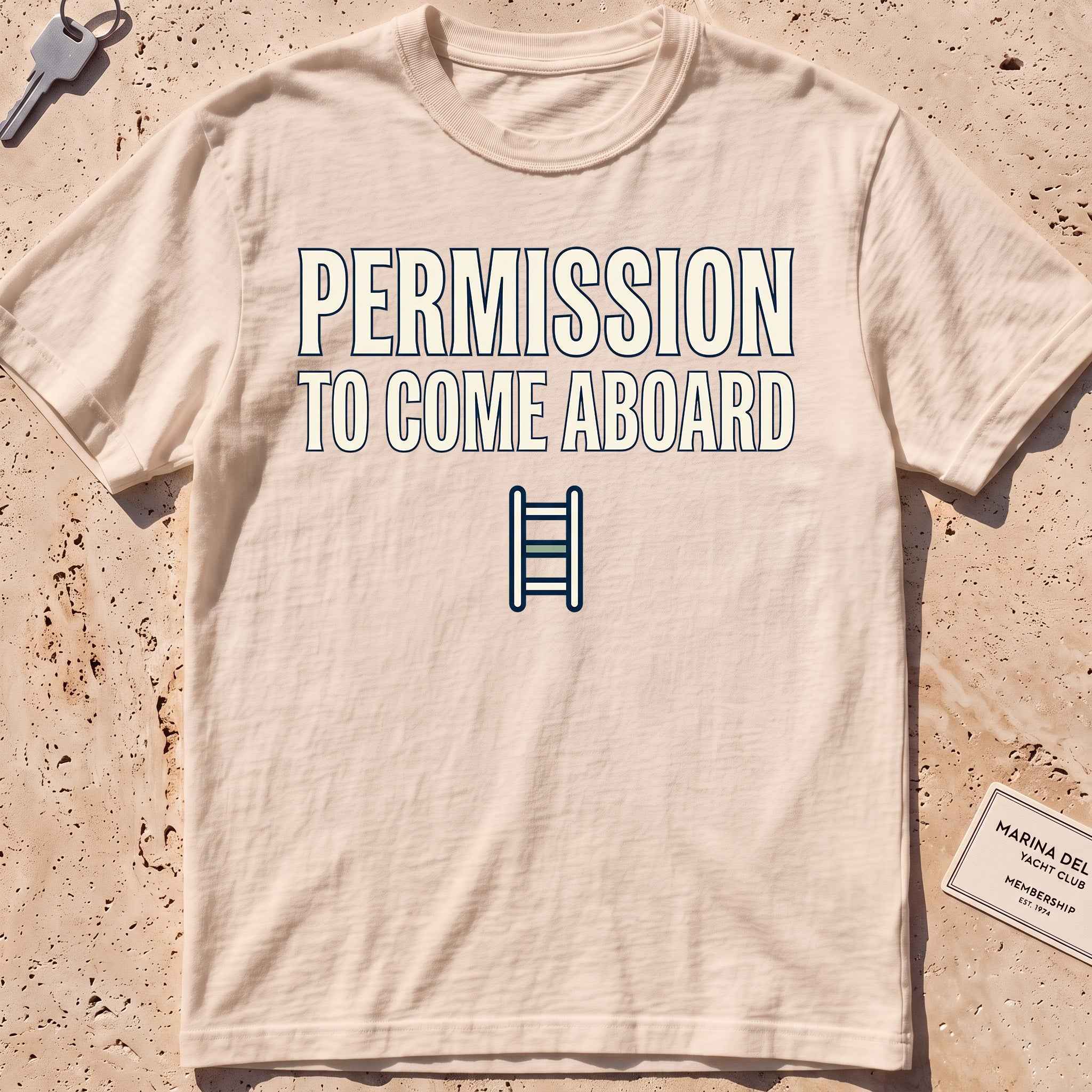 ivory heavyweight tee with a boarding ladder and "Permission to Come Aboard" text.