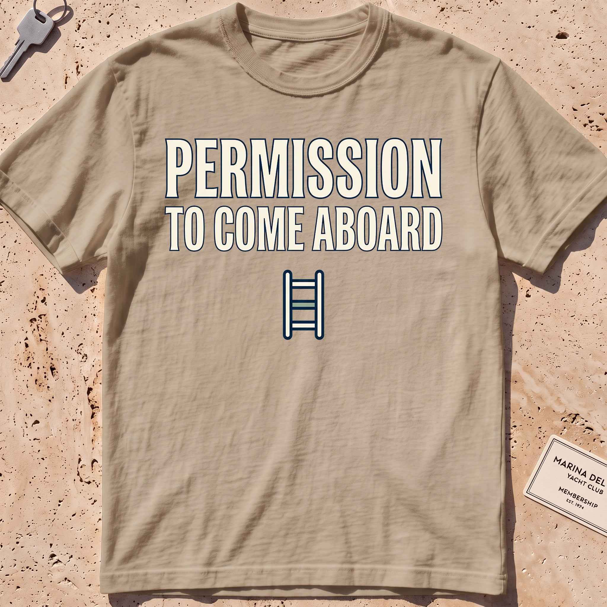 khaki heavyweight tee with a boarding ladder and "Permission to Come Aboard" text.