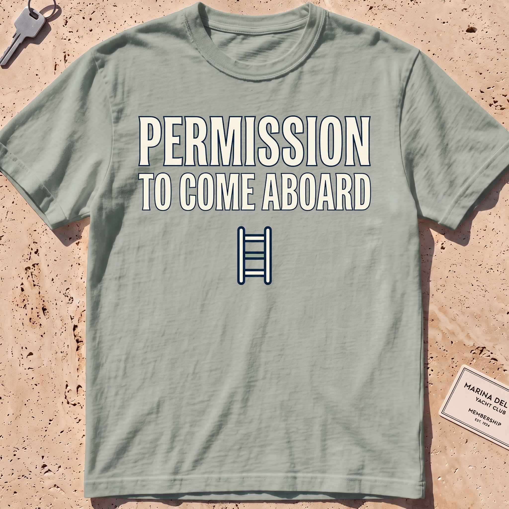 bay heavyweight tee with a boarding ladder and "Permission to Come Aboard" text.