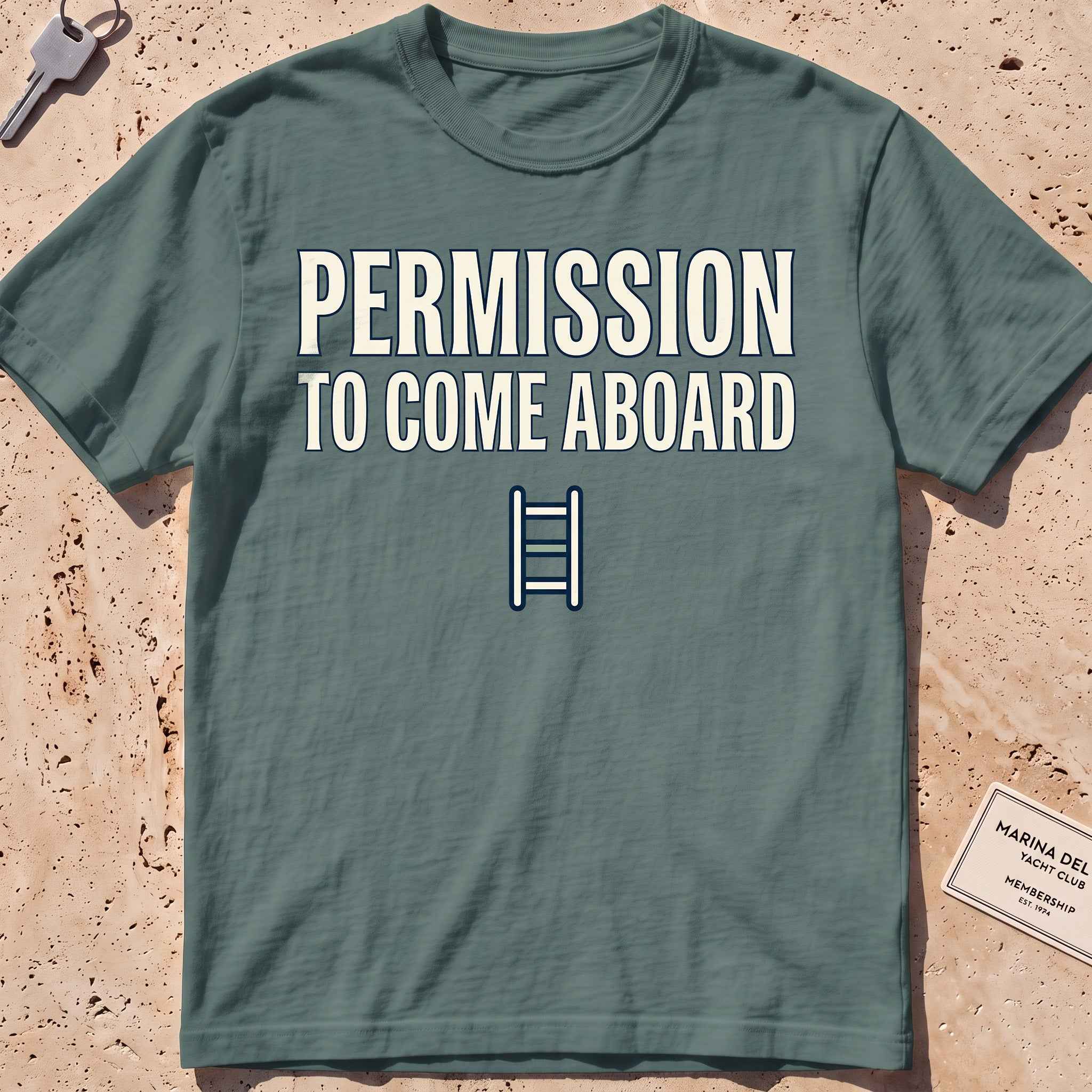 blue spruce heavyweight tee with a boarding ladder and "Permission to Come Aboard" text.
