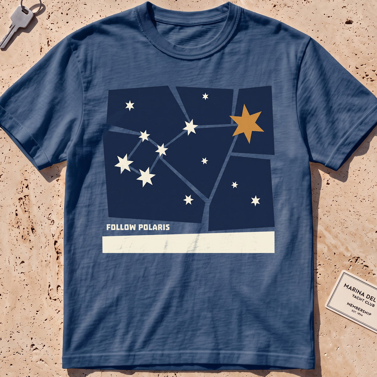 midnight heavyweight tee with a Little Dipper "Follow Polaris" graphic.