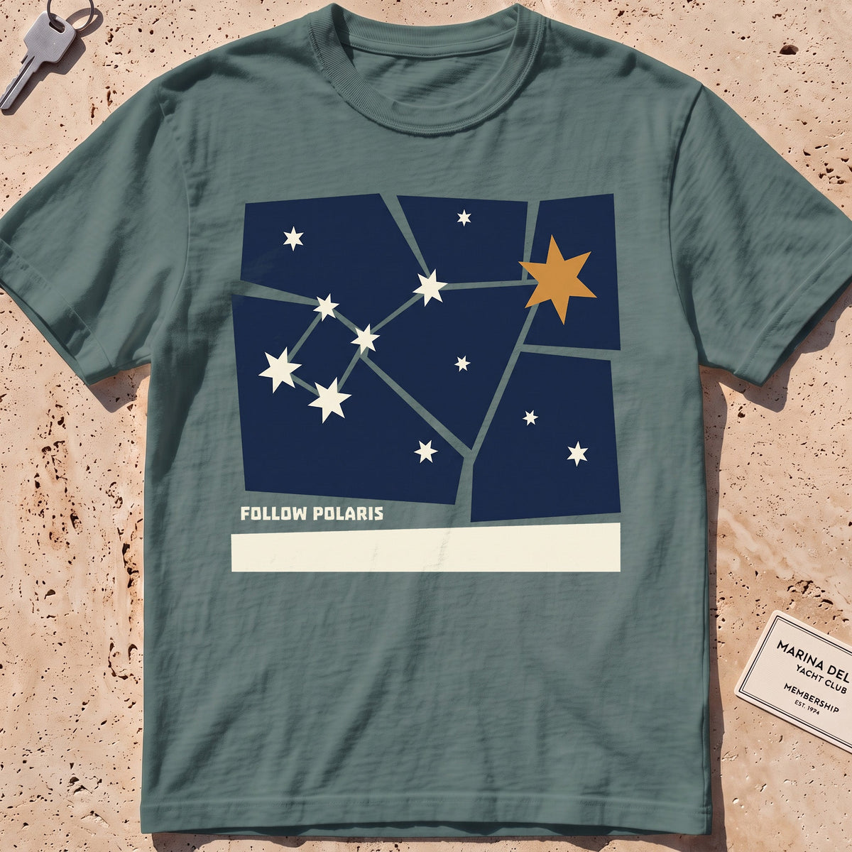 blue spruce heavyweight tee with a Little Dipper "Follow Polaris" graphic.