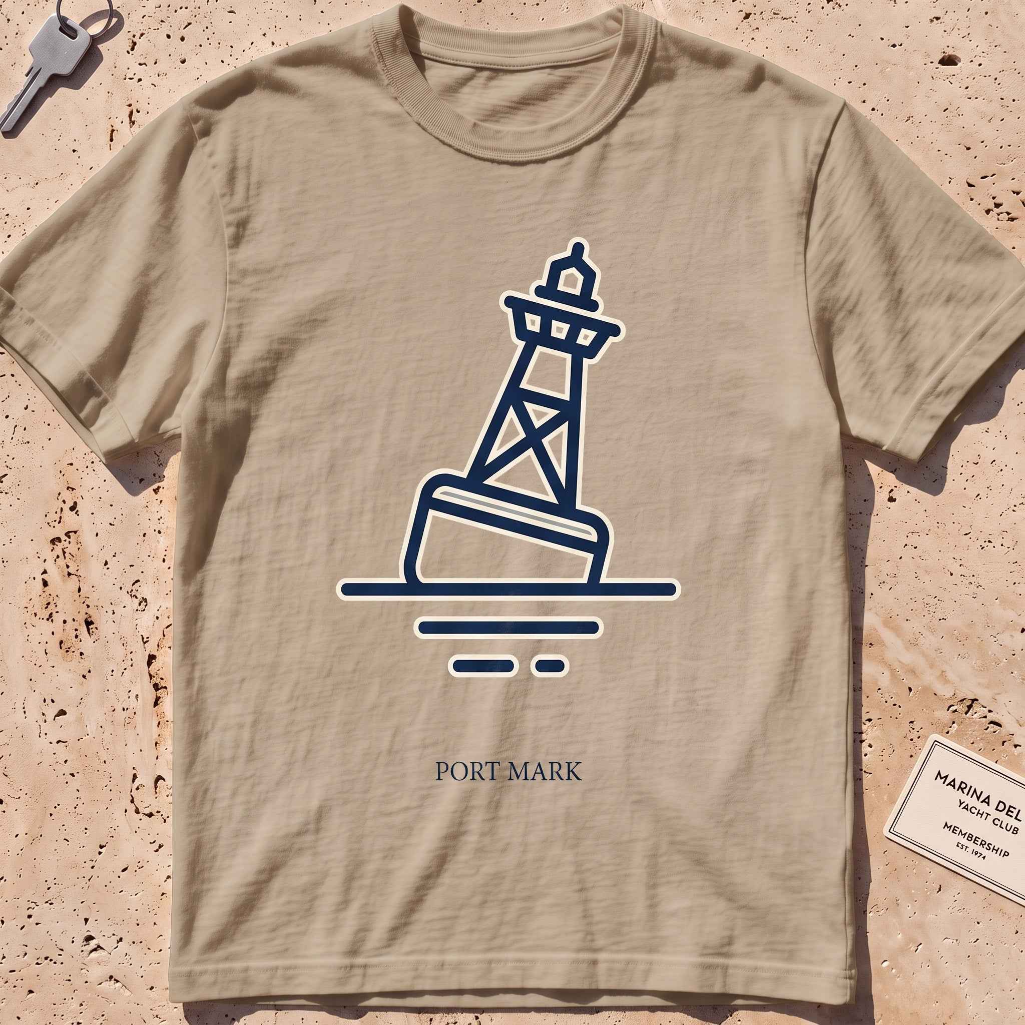 khaki heavyweight tee with a single-line channel buoy "Port Mark" graphic.