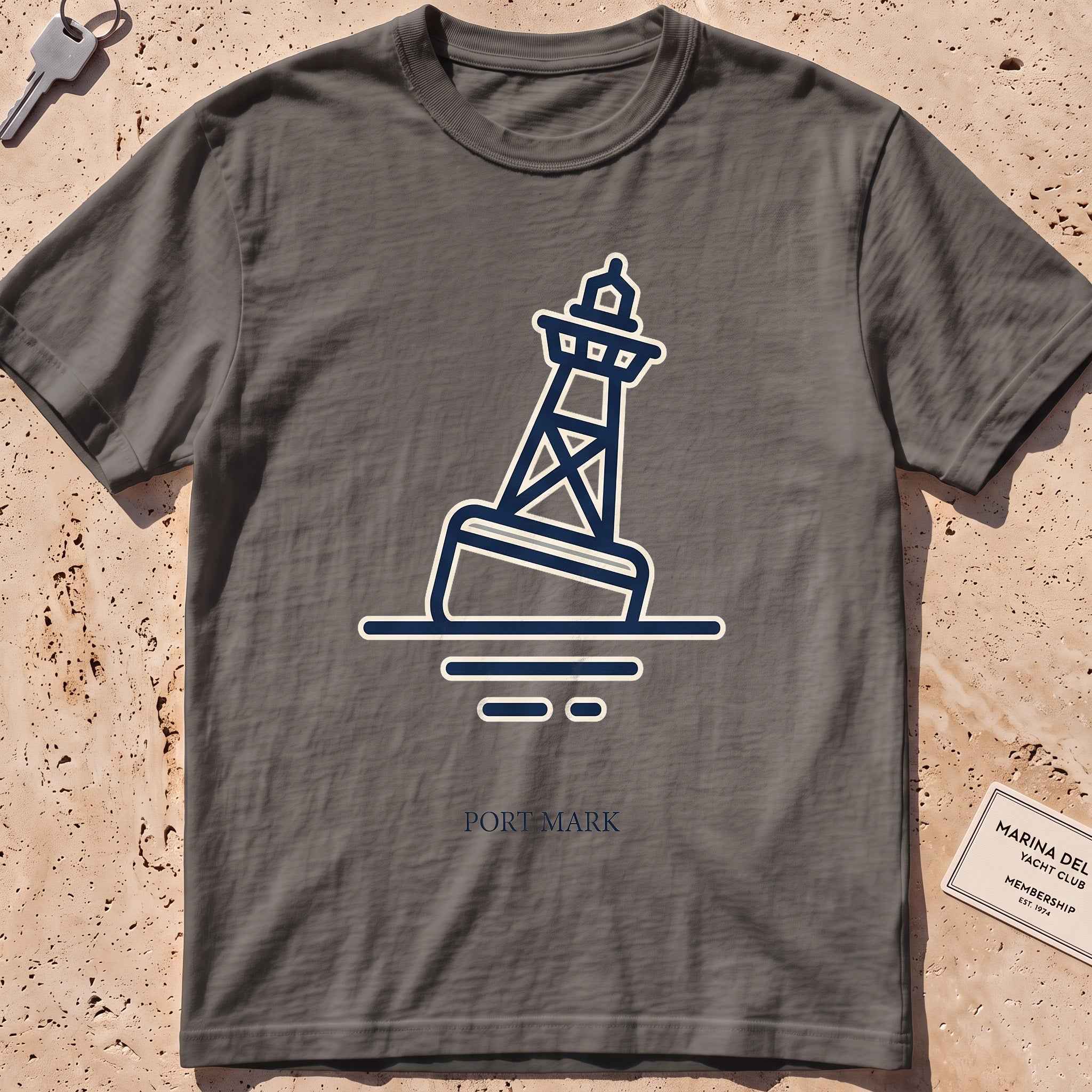 pepper heavyweight tee with a single-line channel buoy "Port Mark" graphic.