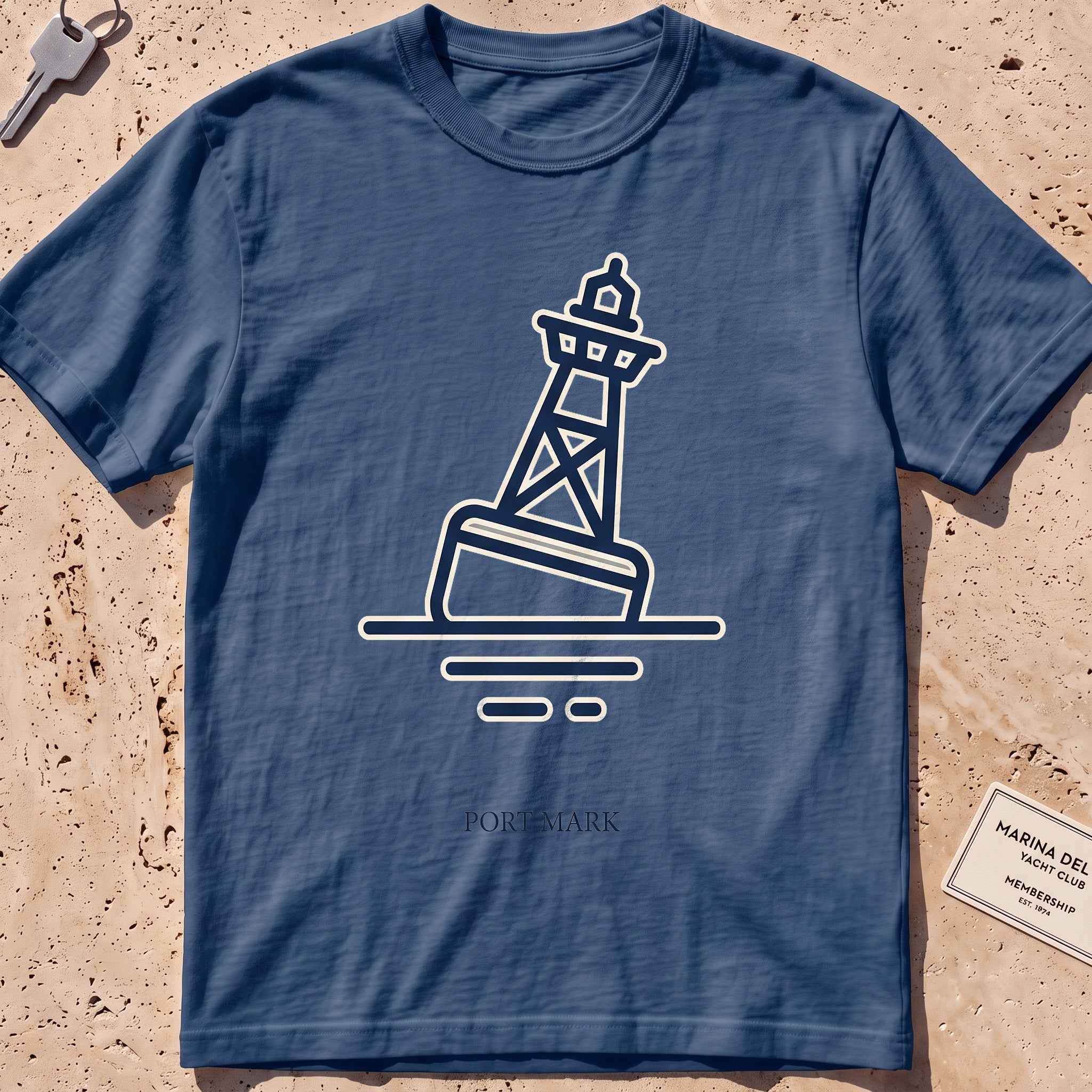 midnight heavyweight tee with a single-line channel buoy "Port Mark" graphic.