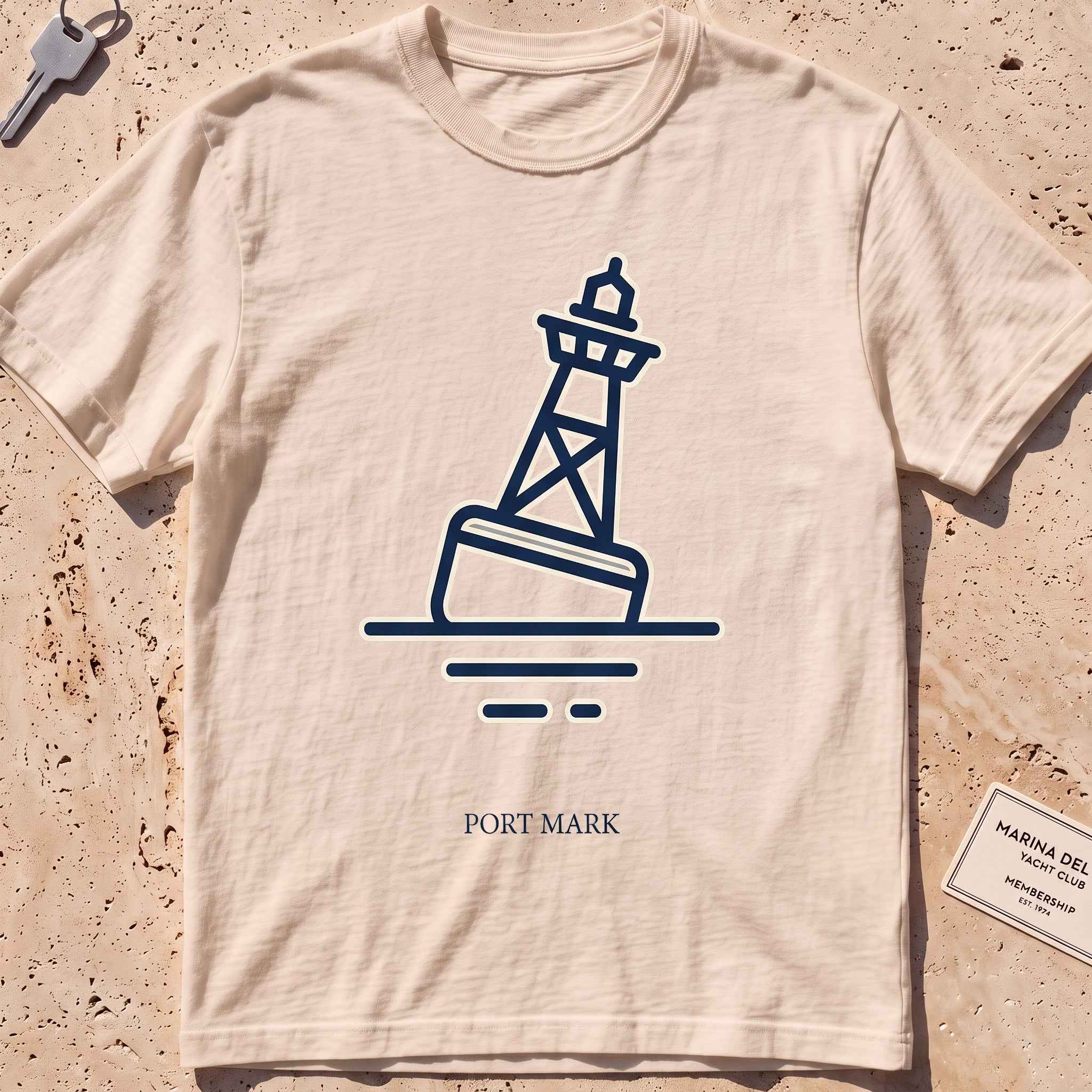 ivory heavyweight tee with a single-line channel buoy "Port Mark" graphic.