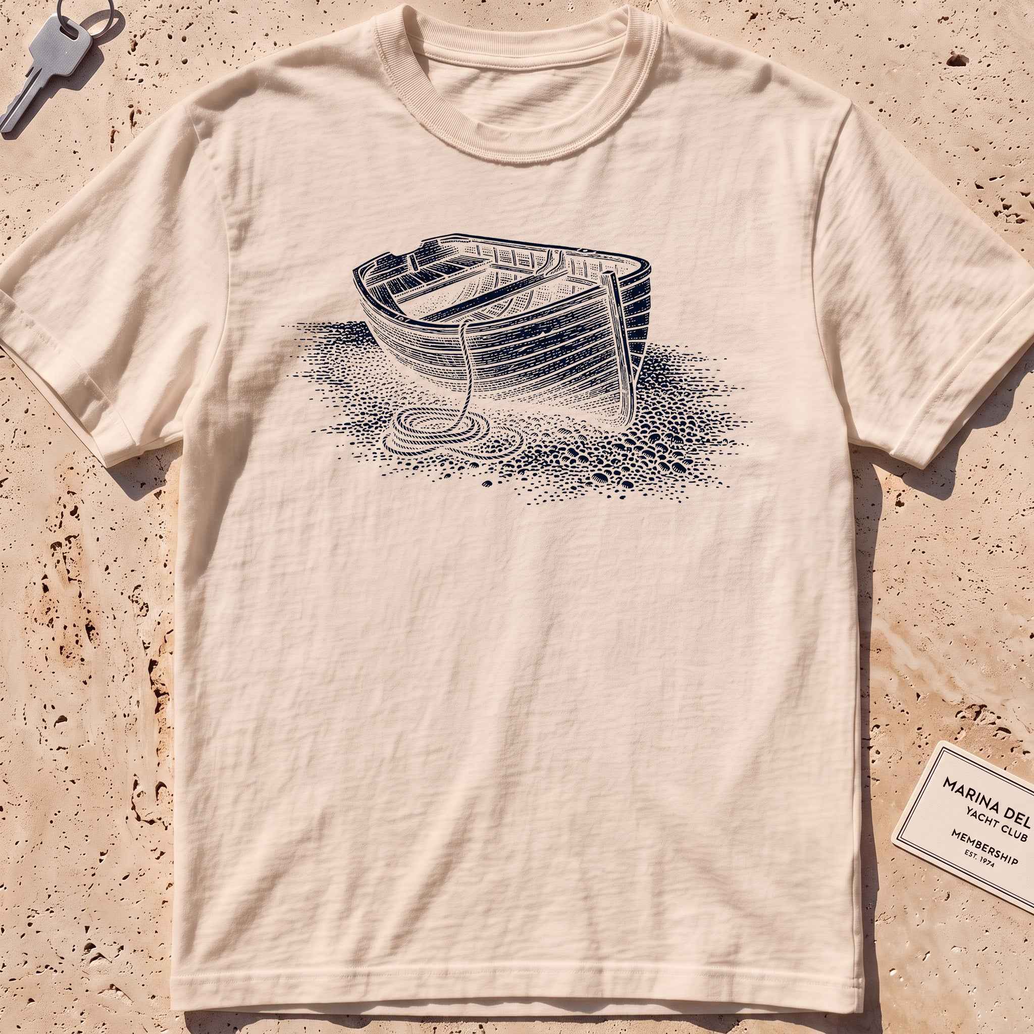 ivory heavyweight tee with an etched dinghy pulled ashore graphic